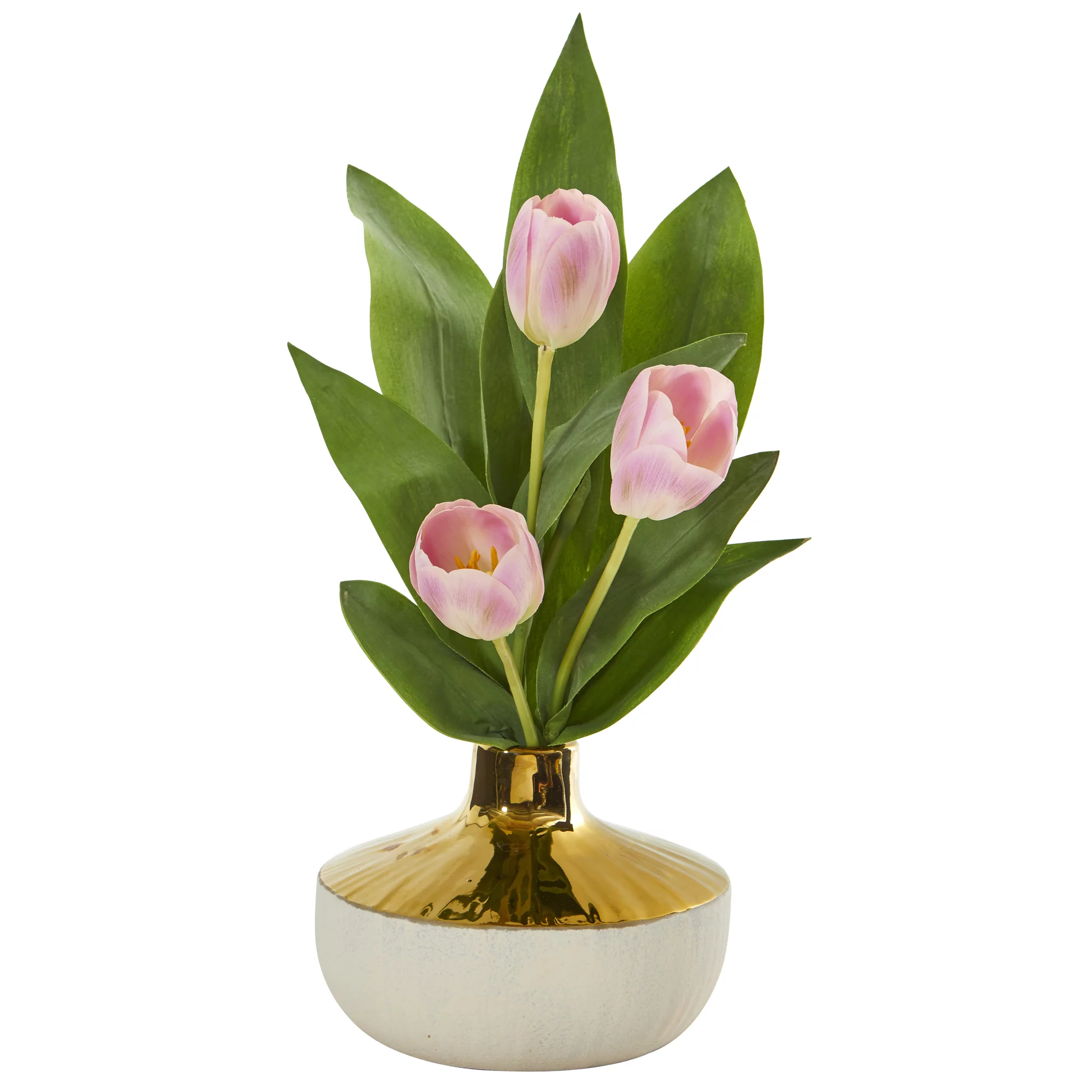 Nearly Natural 18in. Tulip Artificial Arrangement in Gold and Cream Elegant Vase