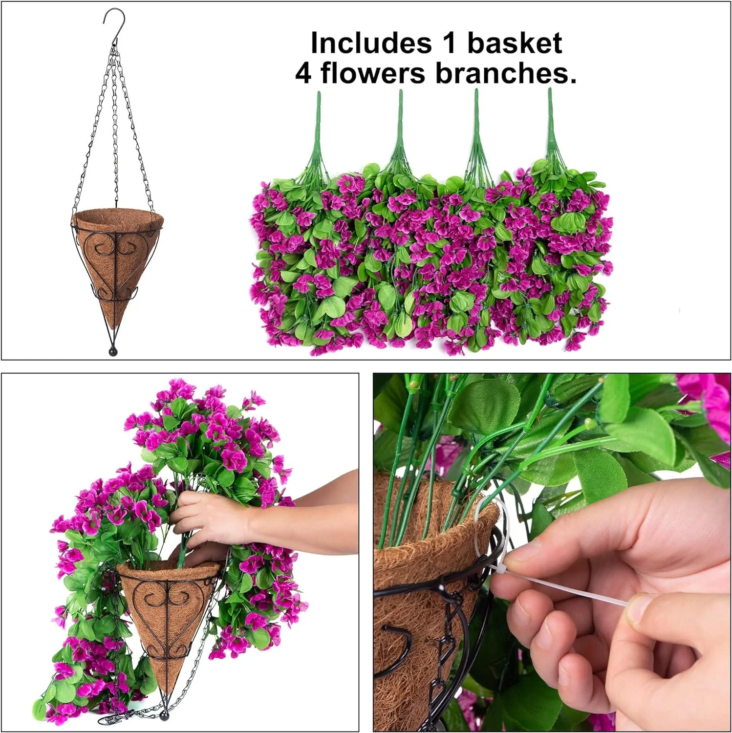 Artificial Hanging Flowers in 12 inch Basket, Fake Plant Silk Orchid Flower Arrangement with Coconut Lining Pot Planter for Patio Garden Porch Deck Spring Summer Decoration(Purple and Red lotus)