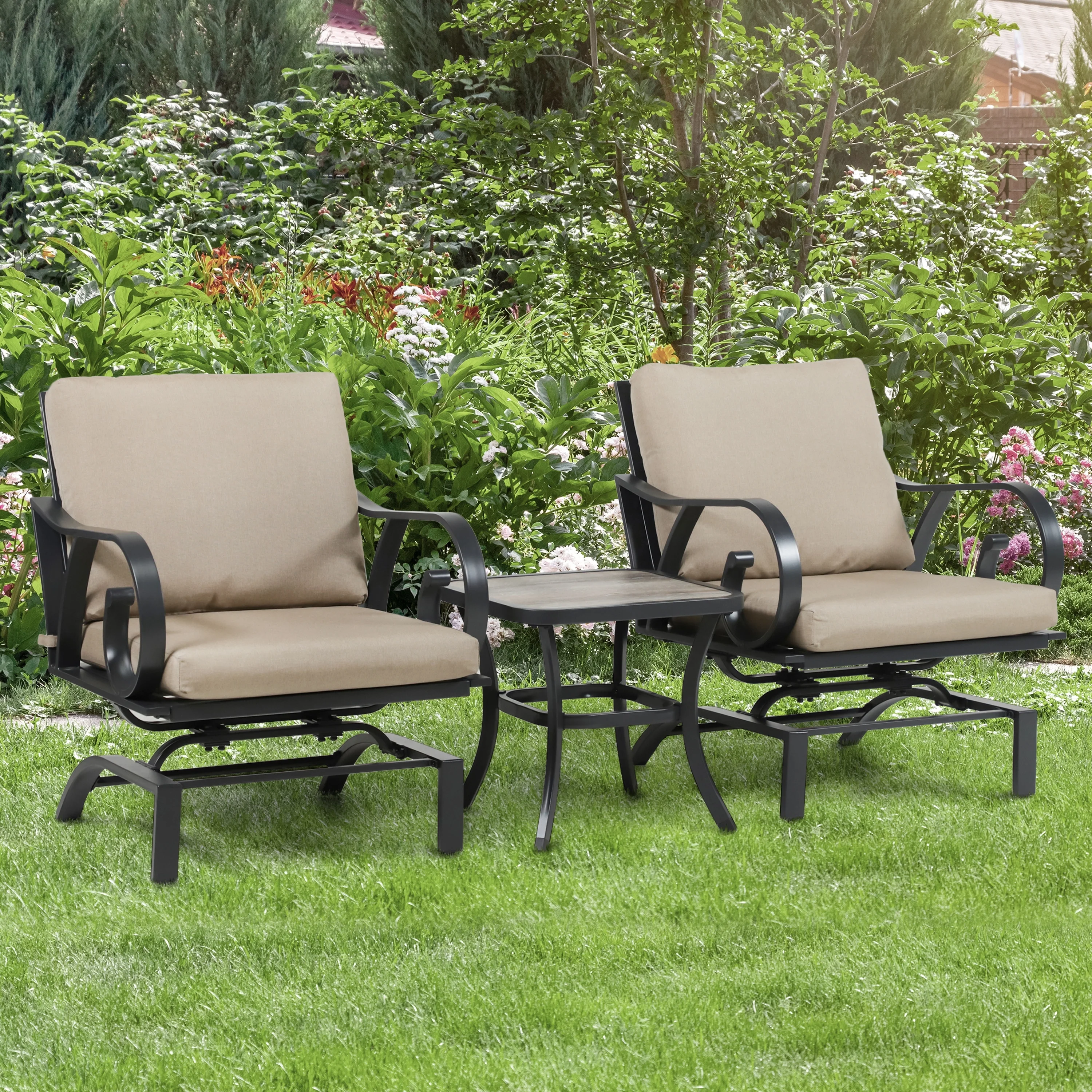 Ronley Transitional Brown Metal Padded Outdoor 3-Piece Patio Chairs with Cushion and Table Set