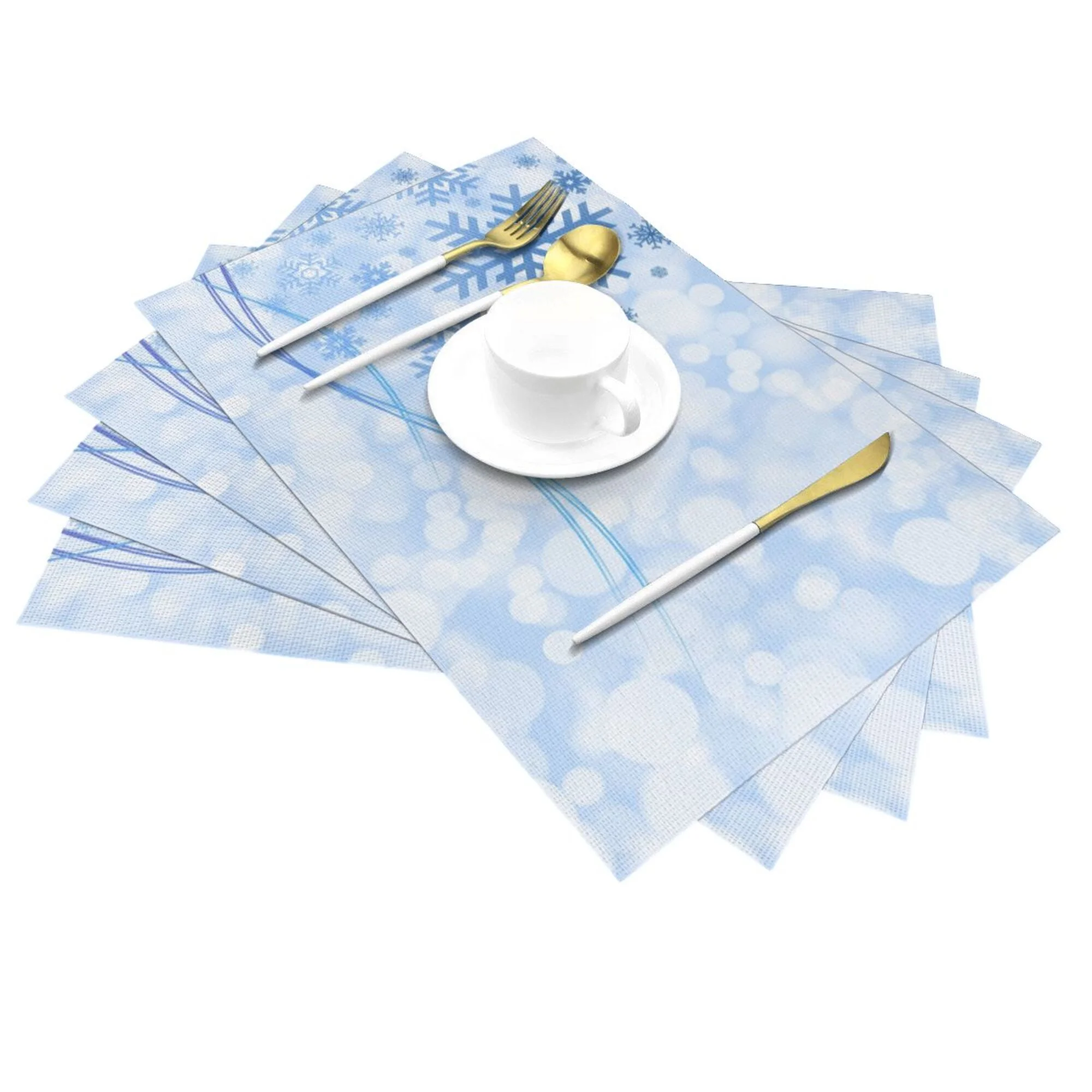 XMXY Woven Placemats Set of 6 PCS, Snow Crystals Cold Winter Table Mats Washable Heat Resistant Placemats