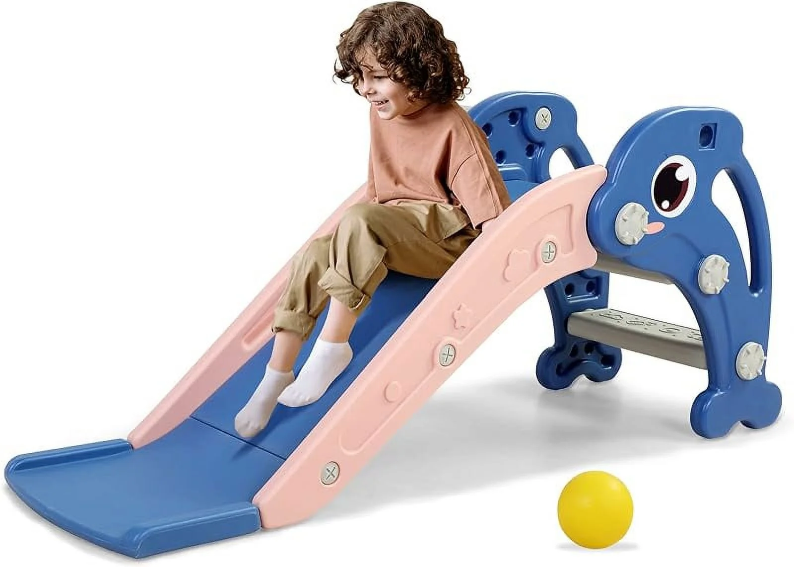 3 in 1 Toddler Slide, Baby Slide Plastic Climber Playset with Basketball Hoop and Ball, Indoor and Outdoor Playground for Kids