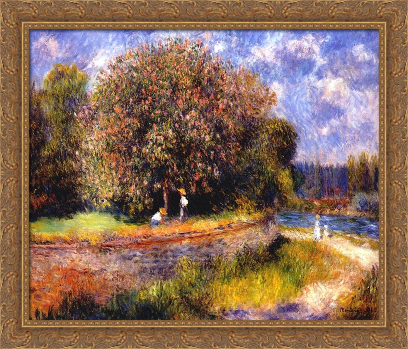Chestnut Tree Blooming 34x28 Large Gold Ornate Wood Framed Canvas Art by Pierre Auguste Renoir