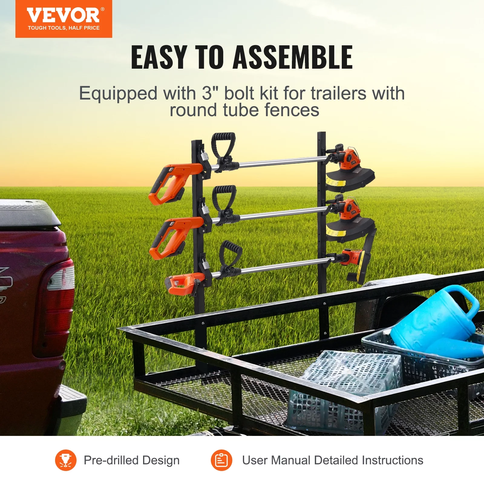 BENTISM 3-Place Weeder Trimmer Rack Holder for Open Landscape Trailer Lockable