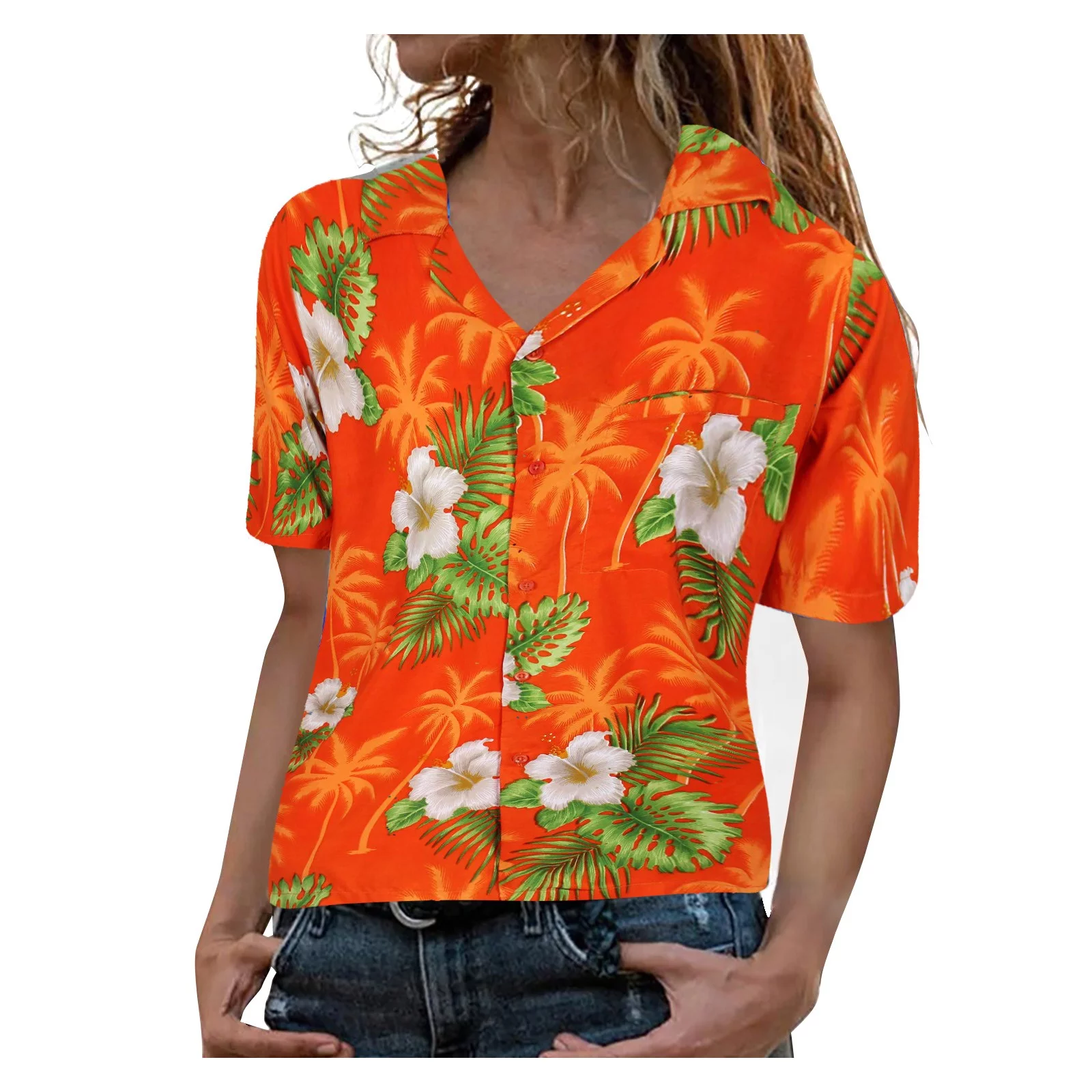 wendunide shirts for women Funky Hawaiian Shirt Blouse Frontpocket Leaves Flowers Palm Print Top womens tops