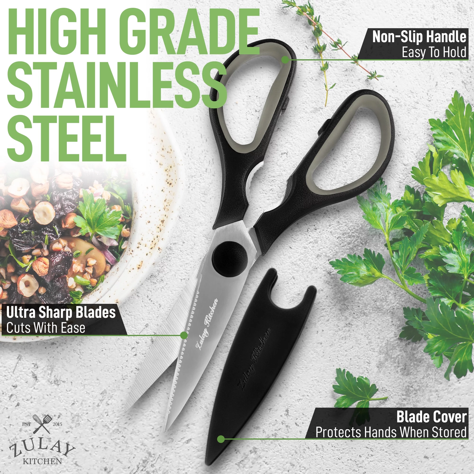 Zulay Kitchen Scissors Ultra Sharp Stainless Steel Shears Multipurpose Food & Meat Scissors - Black