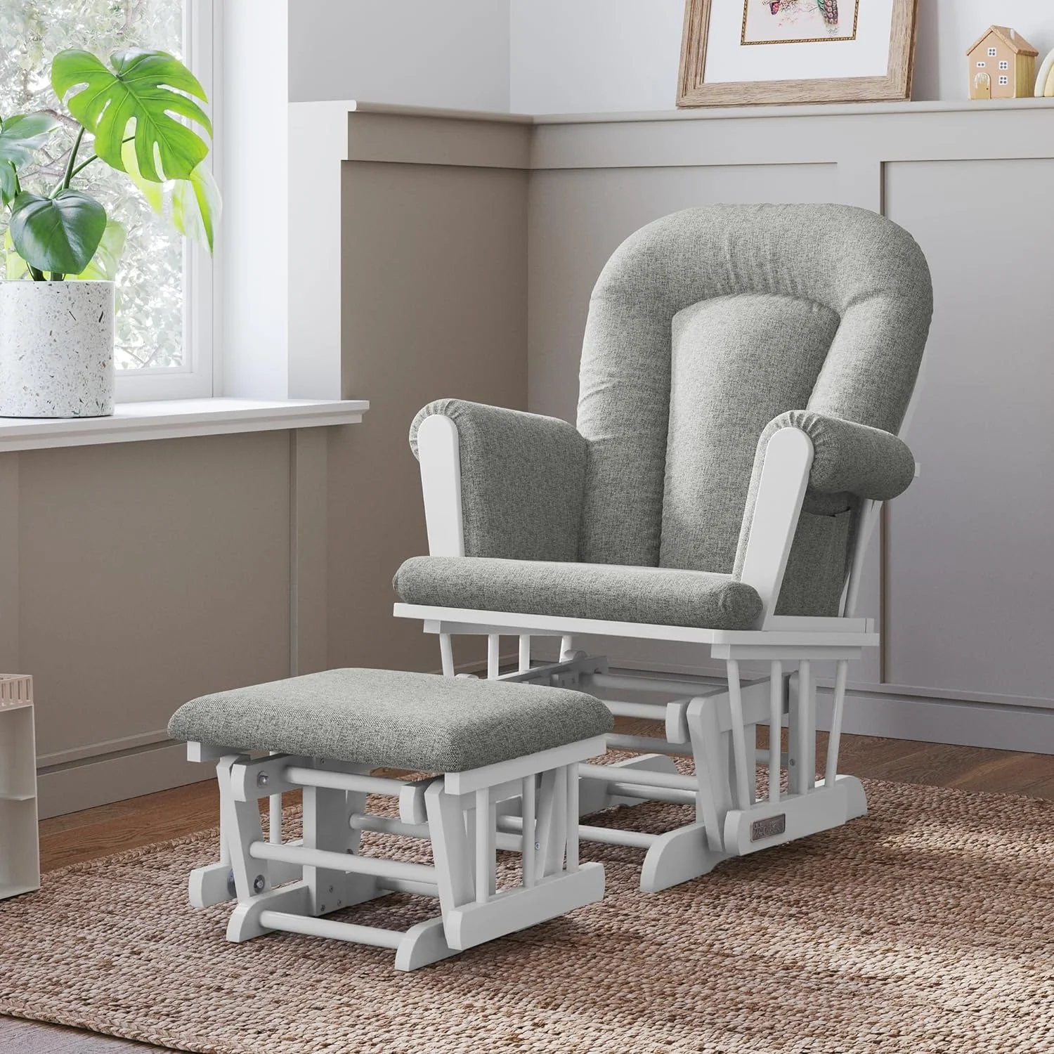 Glider Rocker  Ottoman Set, Thick Padded Cushions, Storage Pockets, Solid Wood Base (Matte White  Gray)