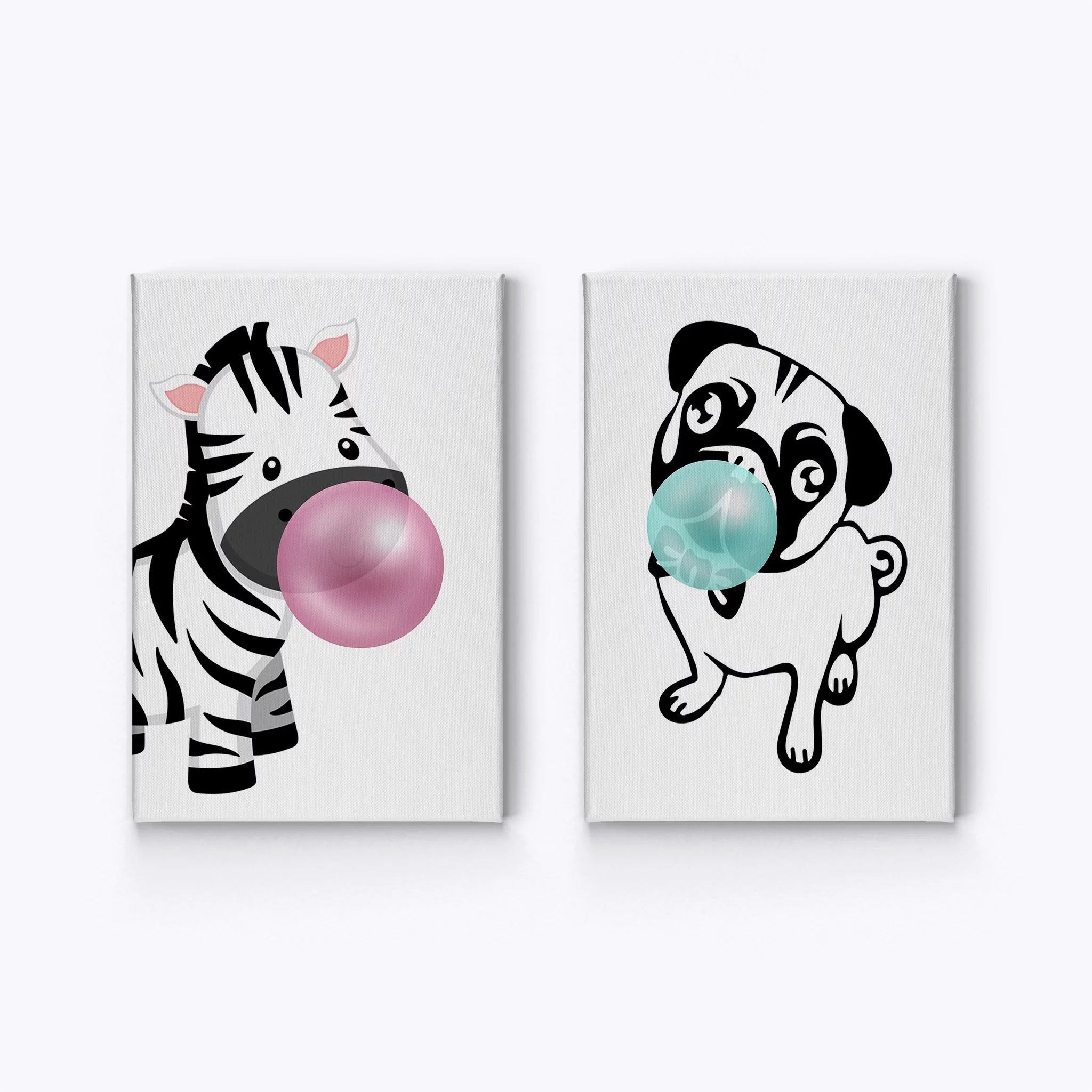 Smile Art Design Cute Puppy and Zebra Animal Bubble Gum Art 2 PANEL CANVAS PRINT SET Pink Gum Black and White Wall Art Home Pop Art Living Room Kids Room Nursery Ready to Hang Made in USA 28x19