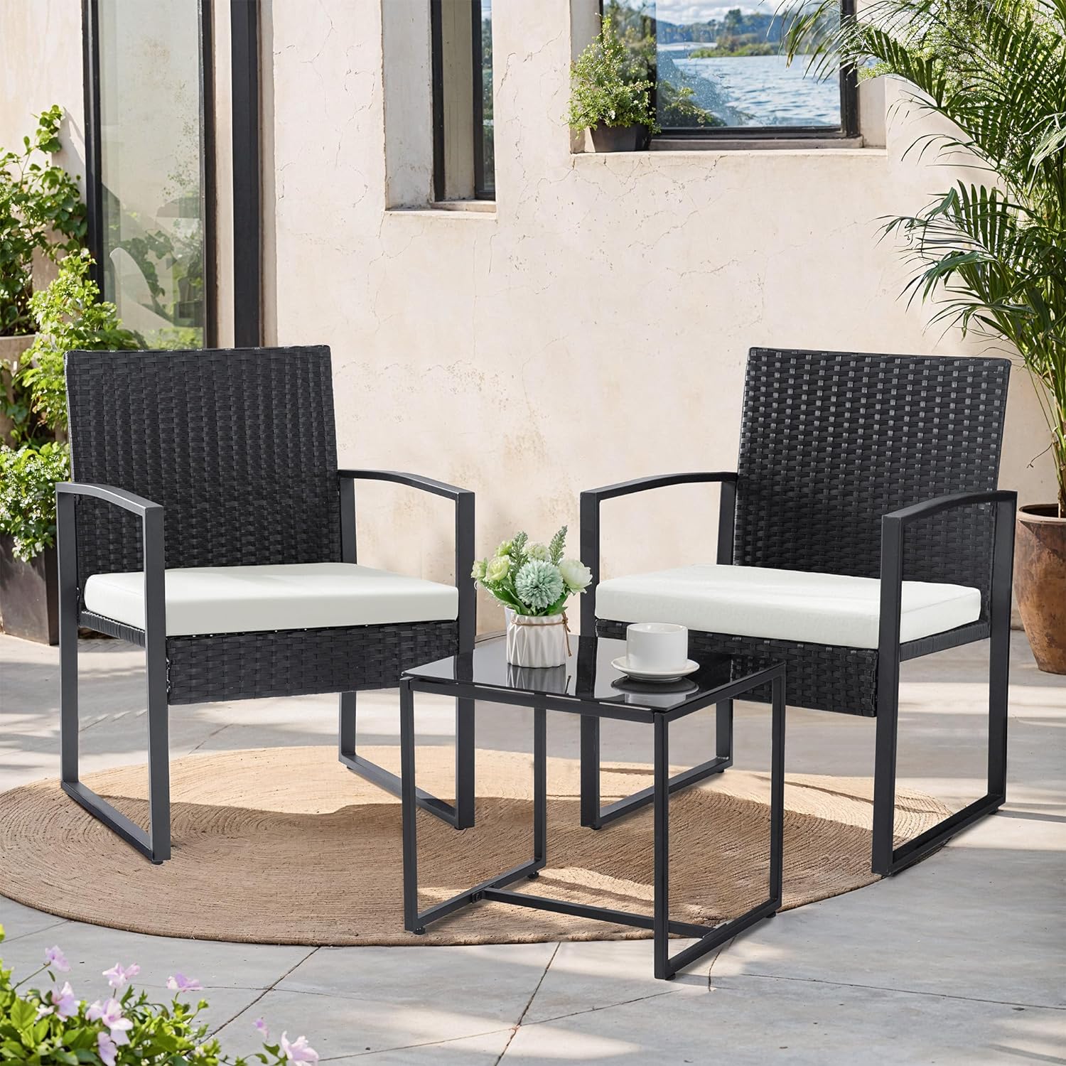 Balcony 3 Piece Furniture Table Garden Backyard Outdoor Patio Use Porch Chairs Cushioned PE Wicker Bistro Set Rattan (White)