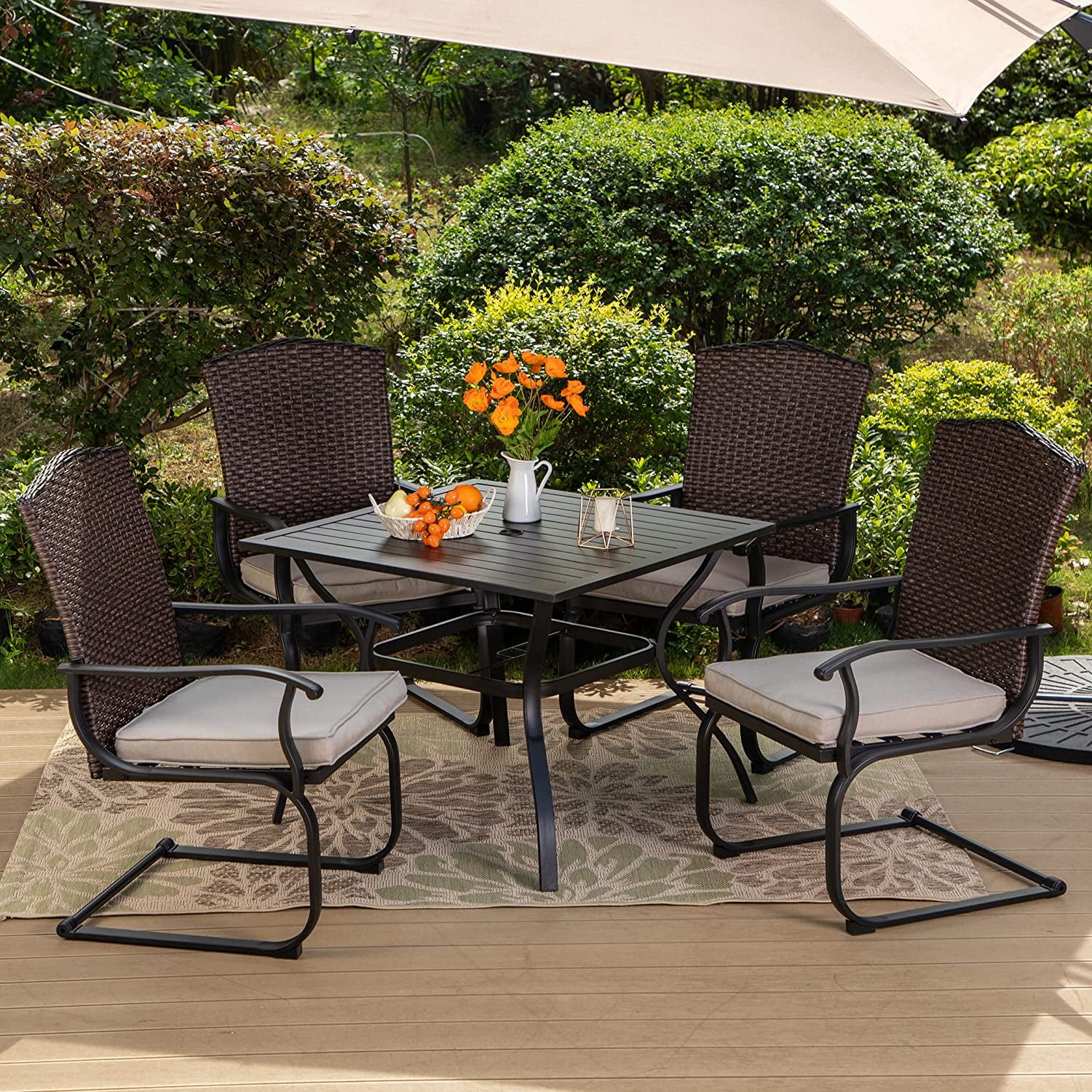 7 Piece Outoor Dining Set for 6  Metal Dining Table and Cushioned Wicker Rattan Chairs  Furniture Set for Patio  Yards  Poolside