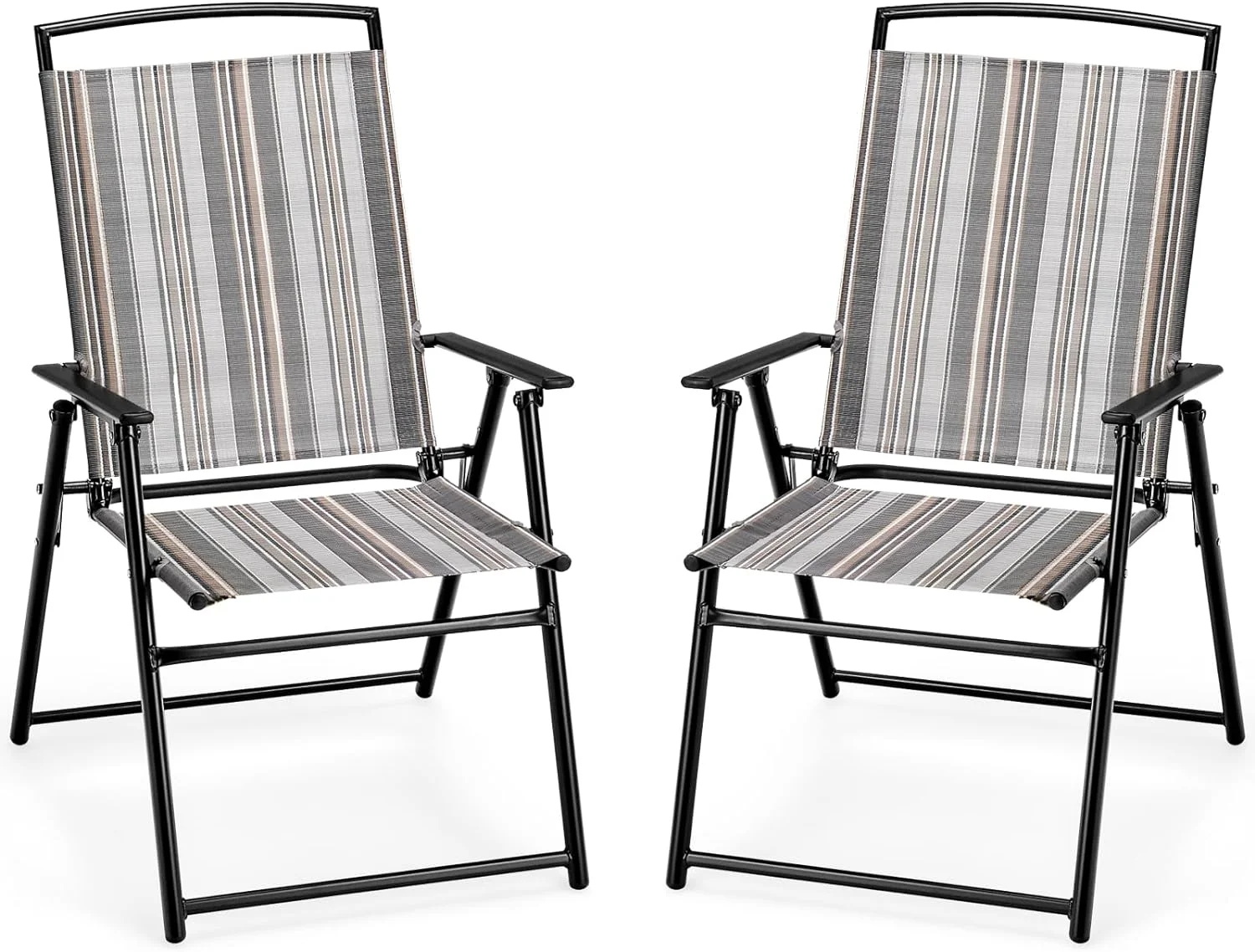 Giantex Patio Chairs Set of 2, Outdoor Folding Chairs with Armrests, Metal Frame, Outside Foldable Dining Chairs for Lawn Deck Porch Beach Yard (Stripe Pattern)
