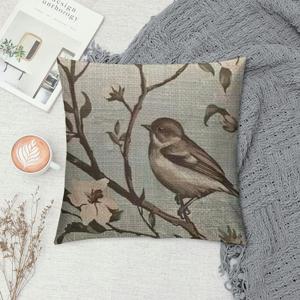 Yllo0ord Throw Pillow Cover Willow Branches Black-Capped Chickadee  Square Pillowcases Animal Gray Bird Vintage Watercolor Decorative Floral Spring Modern Cushion Cover Home Decor  White