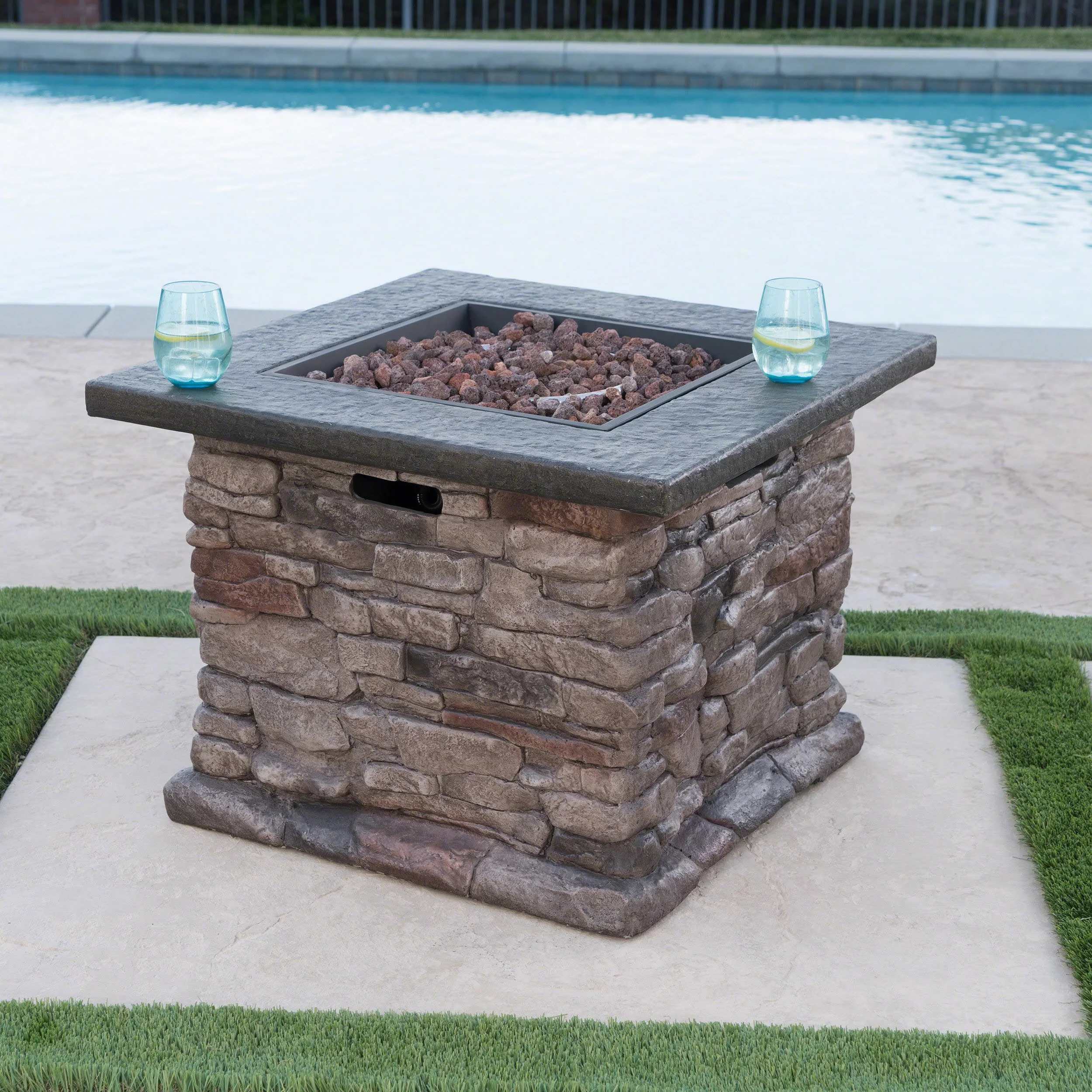 GDF Studio Arbroath Outdoor 40,000 BTU Lightweight Concrete Square Fire Pit, Natural Stone