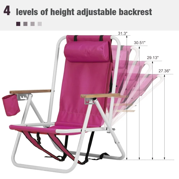 Al Fresco Beach Chair, Camping / Sunbathing Chairs with 4 Adjustable Position, Head Pillow, Cup Holders, Folding Fishing Backpack Lawn Chairs, Pink