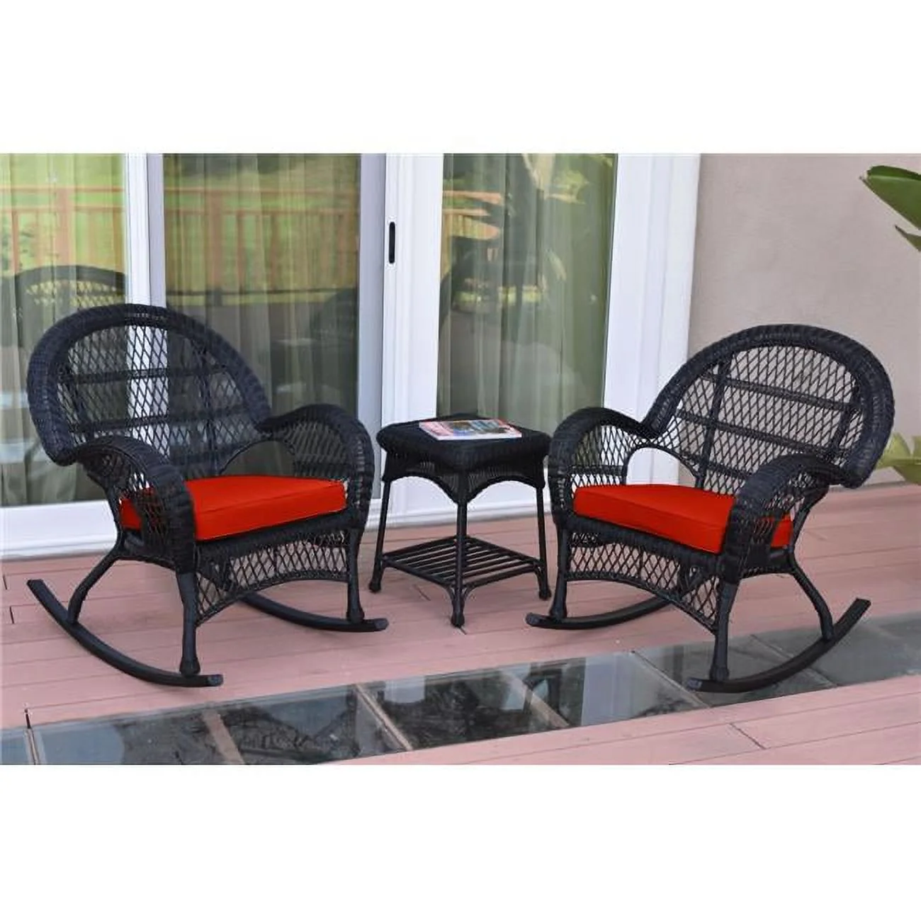Jeco W00211-2-RCES018 3 Piece Santa Maria Black Rocker Wicker Chair Set, Red Cushion