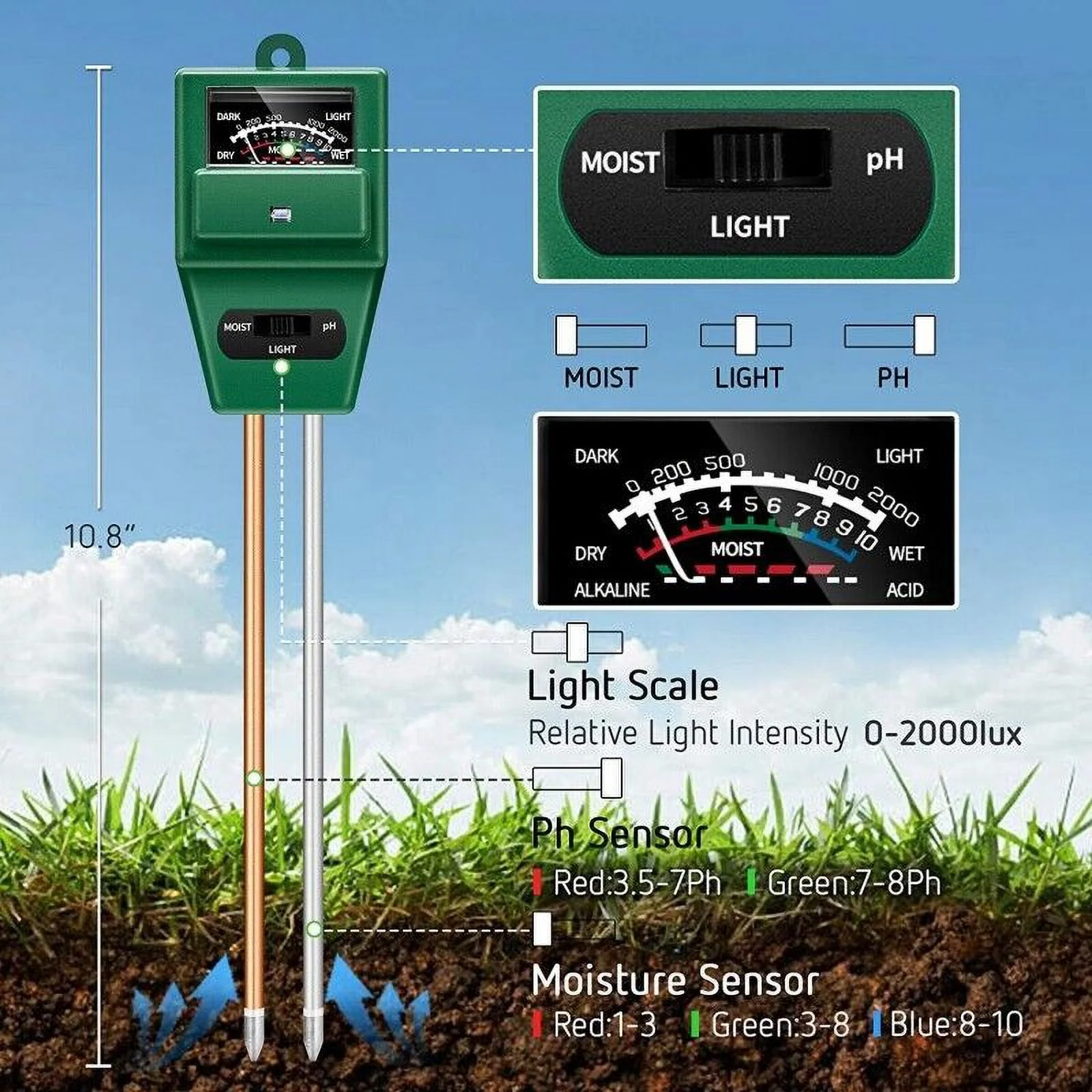 3-in-1 Soil pH and Moisture Light Intensity Meter Plant Tester for Plants Growth