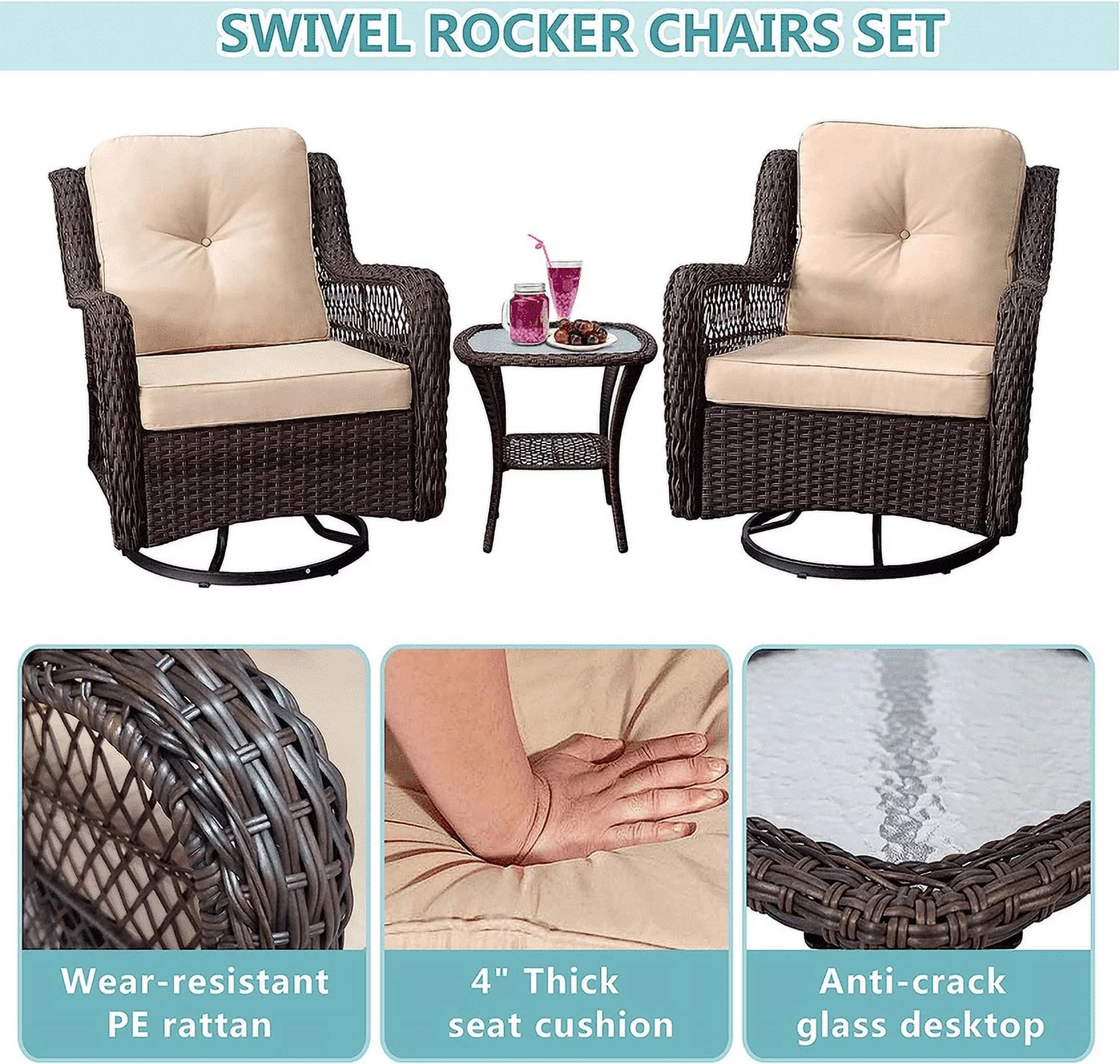 Homhougo—Outdoor Bistro Set 3 Pieces, Resin Wicker Swivel Rocker Patio Chair, 360-Degree for Backyard