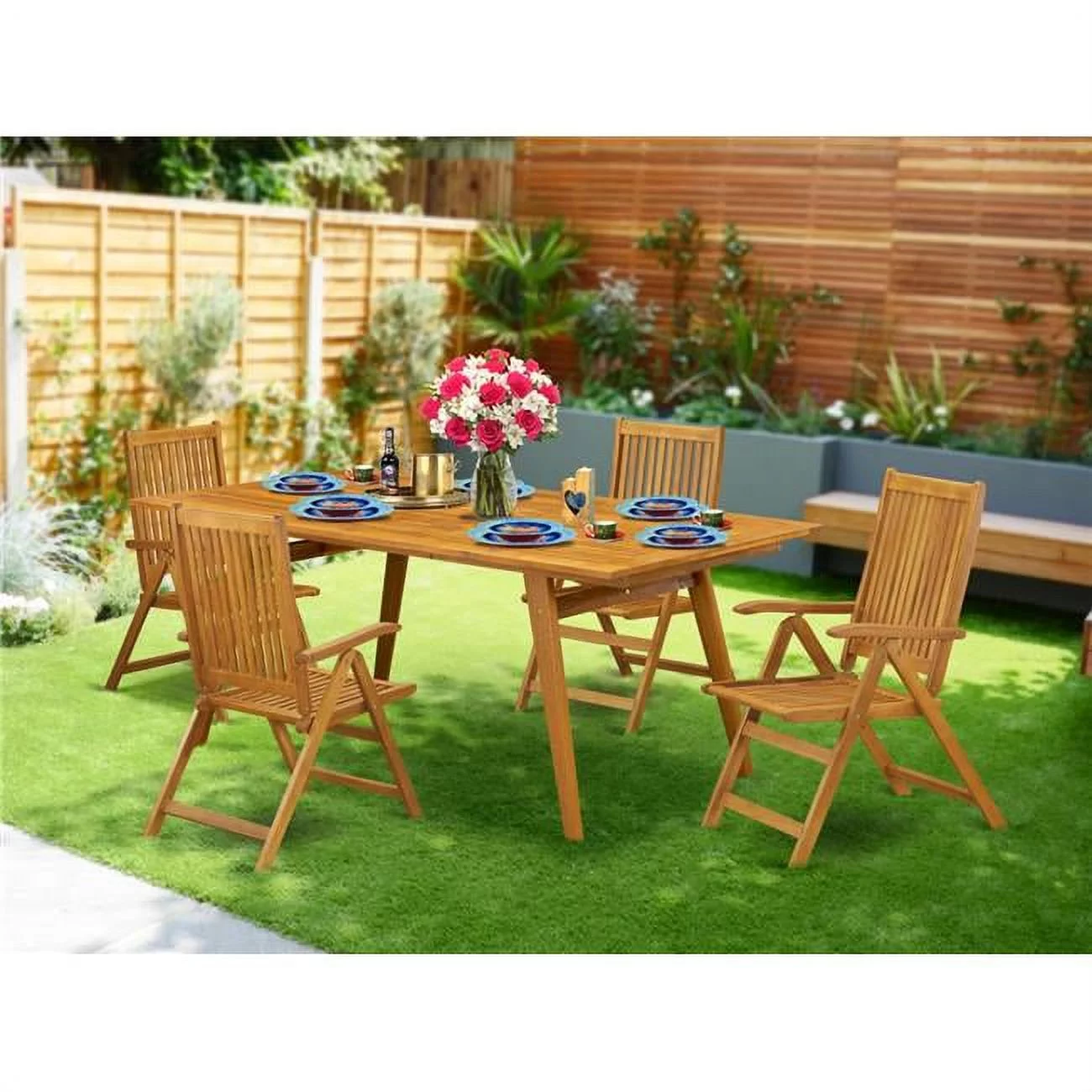 East West Furniture Denison 5-piece Wood Patio Table Set in Natural Oil