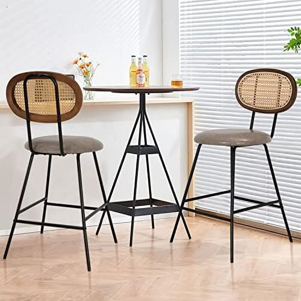 SQTYHBV Rattan  Stool  Counter Height  Stools  Indoor Leather  Stoolswith Metal Leg & Rattan Backrest  Armless Dining Room Chairs for Kitchens Island (Grey  )