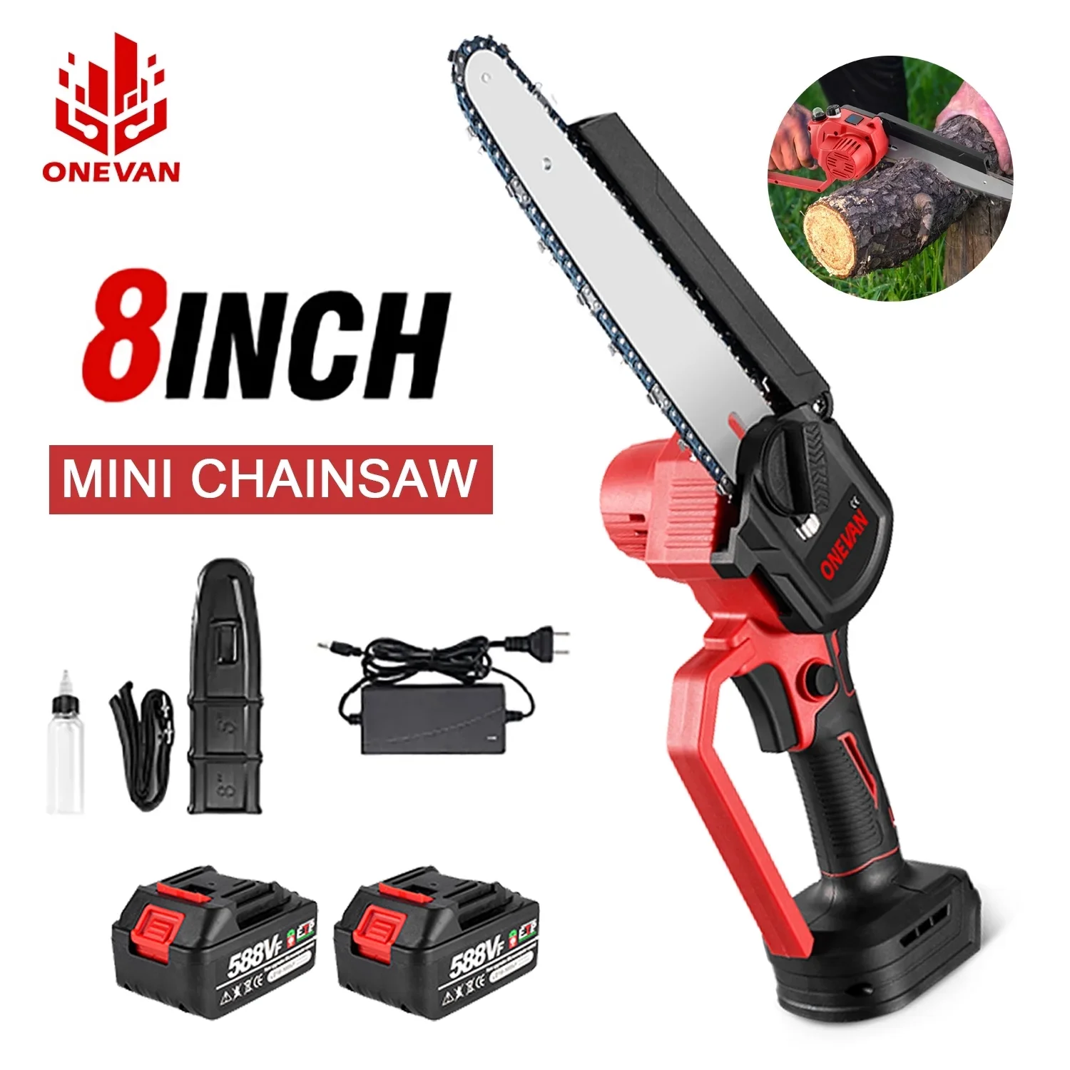 ONEVAN Mini Chainsaw Cordless 8 inch with 2 Batteries, Brushless Handheld Chain Saw, Battery Powered Small Chainsaw for Tree Trimming Wood Cutting