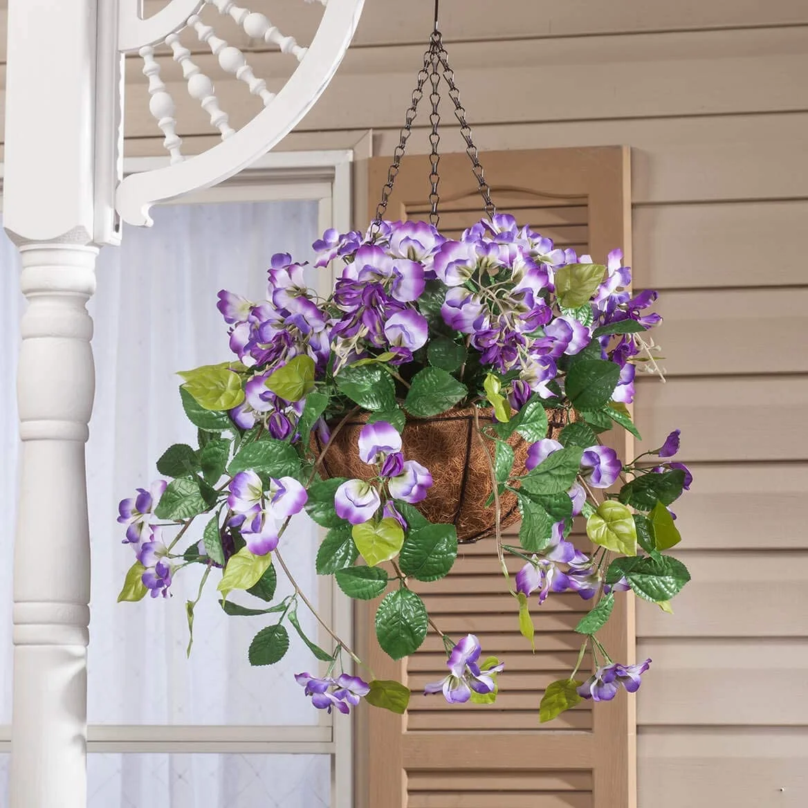 Fully Assembled Artificial Purple Wisteria Hanging Basket, 10” Diameter with 18” Long Chain – Polyester/Plastic Flowers in Metal/ Fiber Liner Basket – Indoor/Outdoor Use