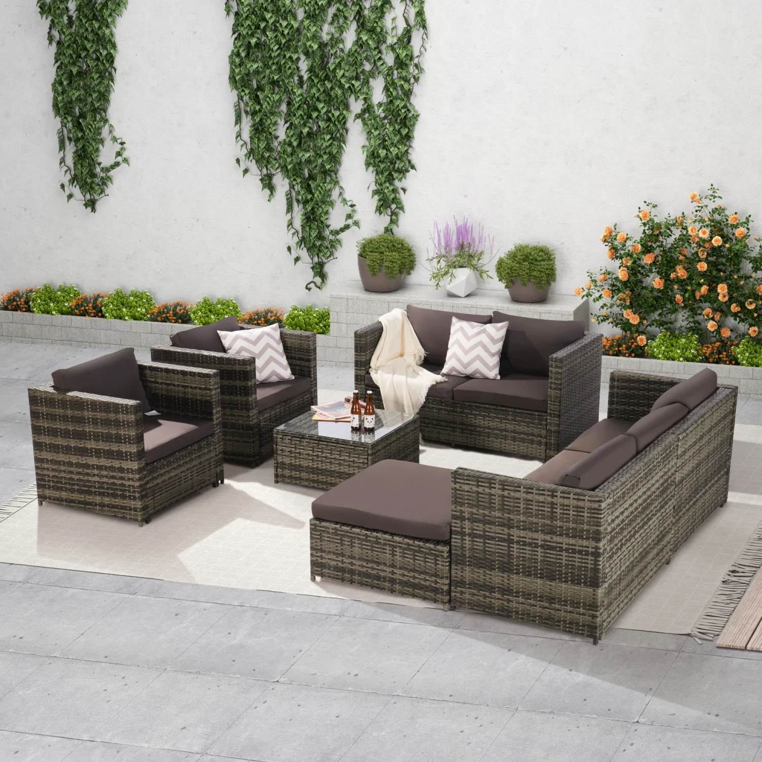 Stylish Outdoor Garden Rattan Table and Chairs Furniture Set for Luxurious Dining Experience with Cushioned Seats and Weather-Resistant Design