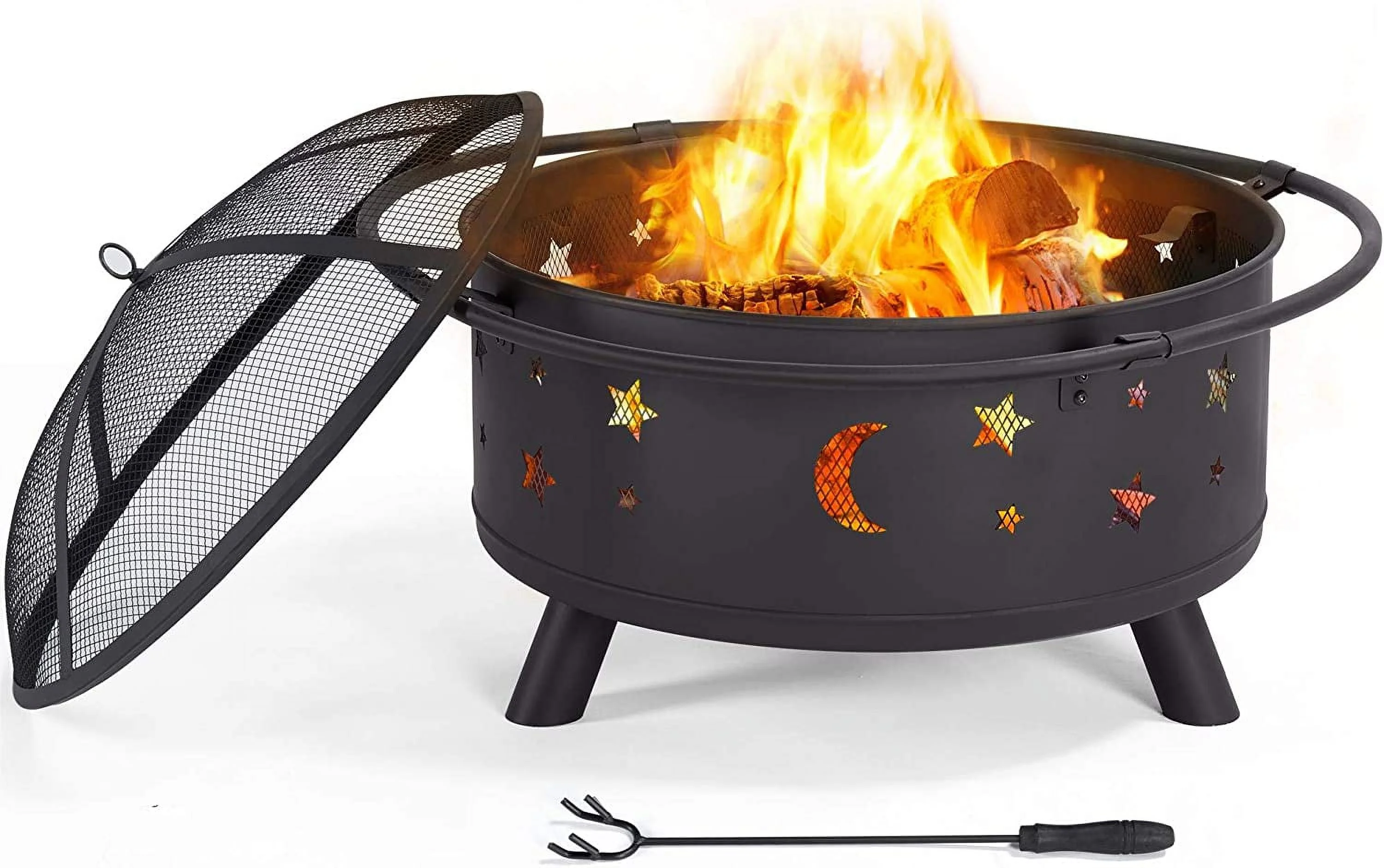 30in Fire Pit Moons and Sky Stars Outdoor Fire Pit Fireplace Large Bonfire Wood Burning Firepit Bowl for Patio & Backyard with Spark Screen