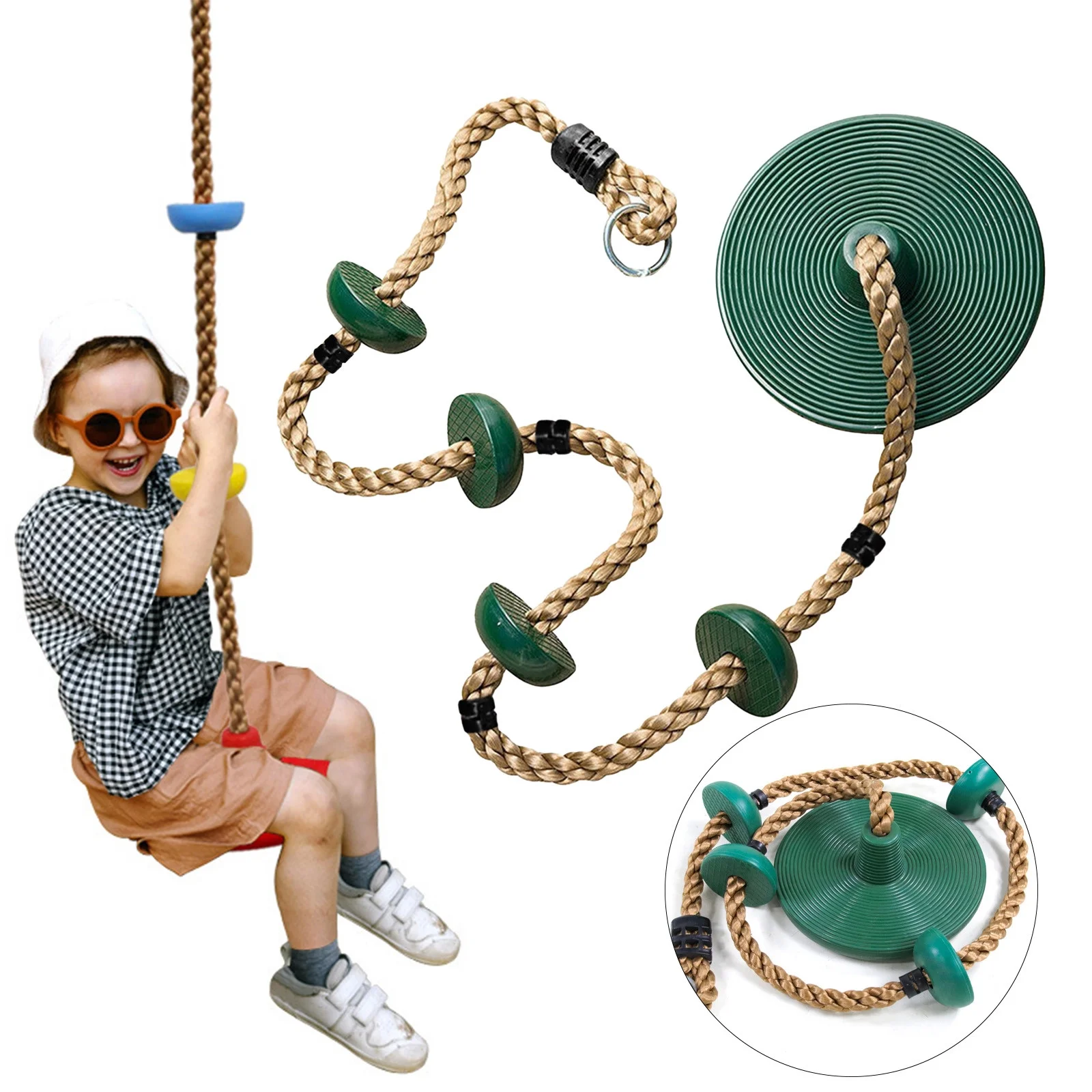 XIANXIAN 12'' Climbing Rope with Platform & Disc Tree Swing Seat Set Fun for Kids Outdoor Green Outdoor Playground Accessories
