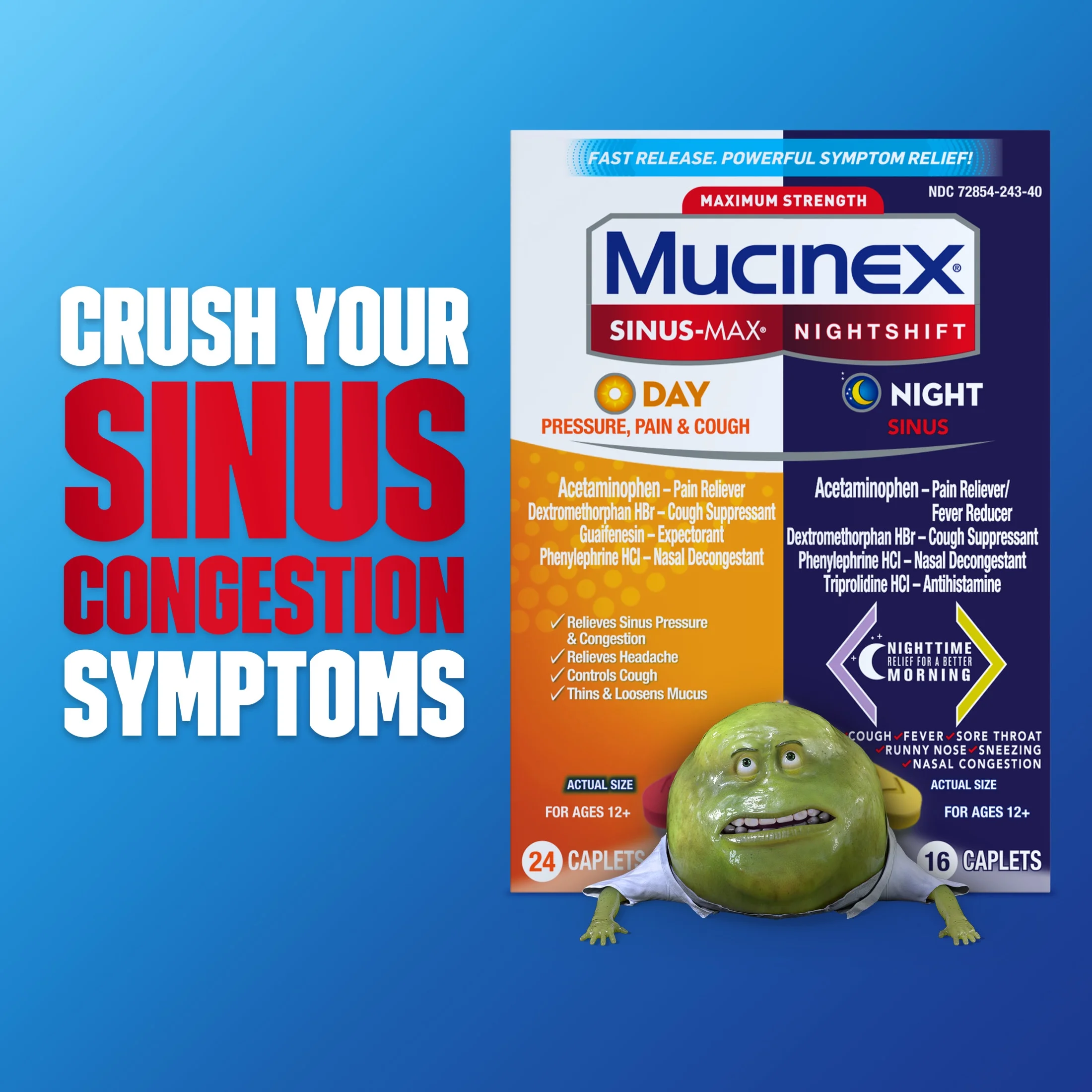Mucinex Sinus-Max Day Pressure, Pain & Cough & Nightshift Sinus Medicine, OTC Symptom Relief, 20 Caplets