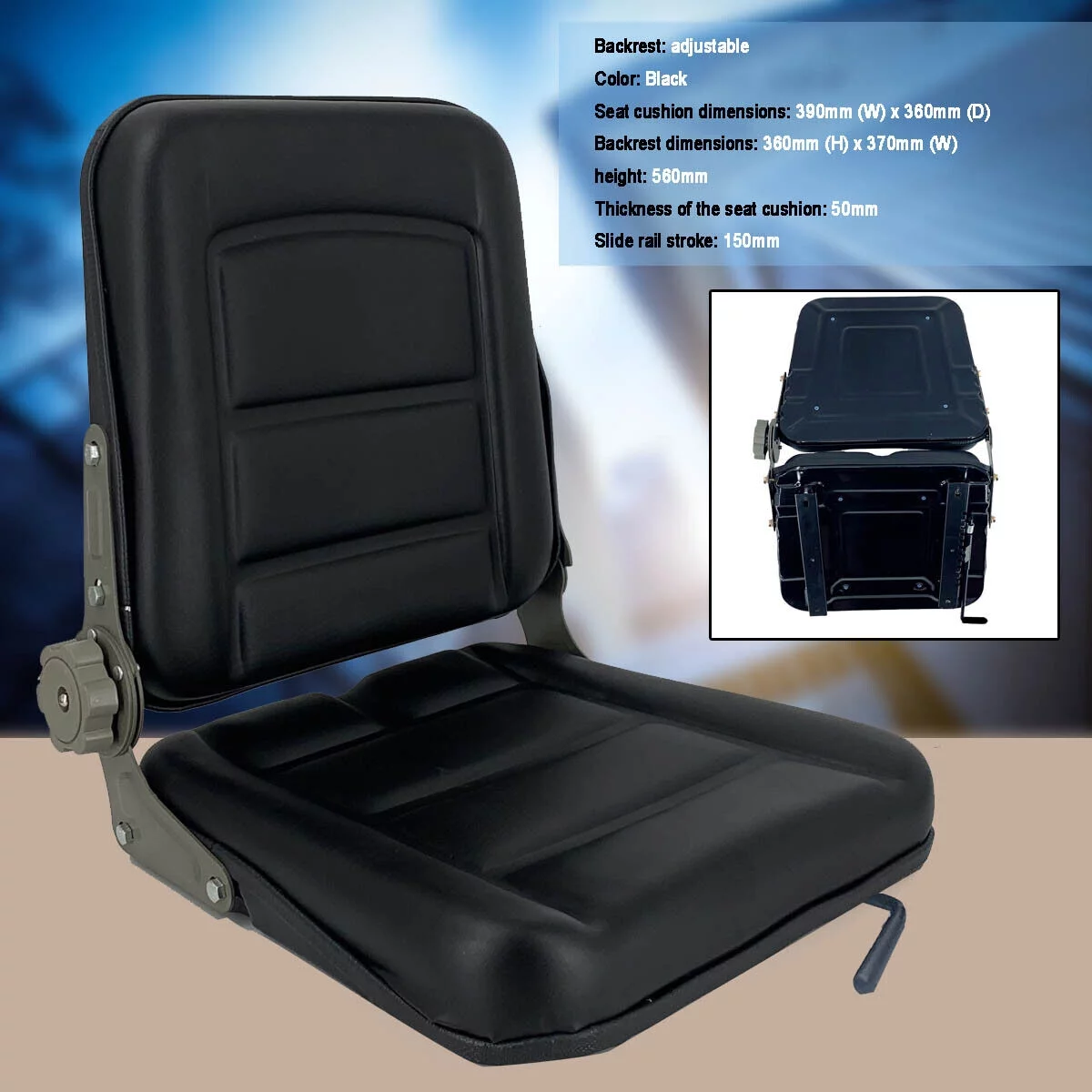 TABODD Black Forklift Tractor Seat Universal w/ Backrest Slide Track Steel Compact Mower