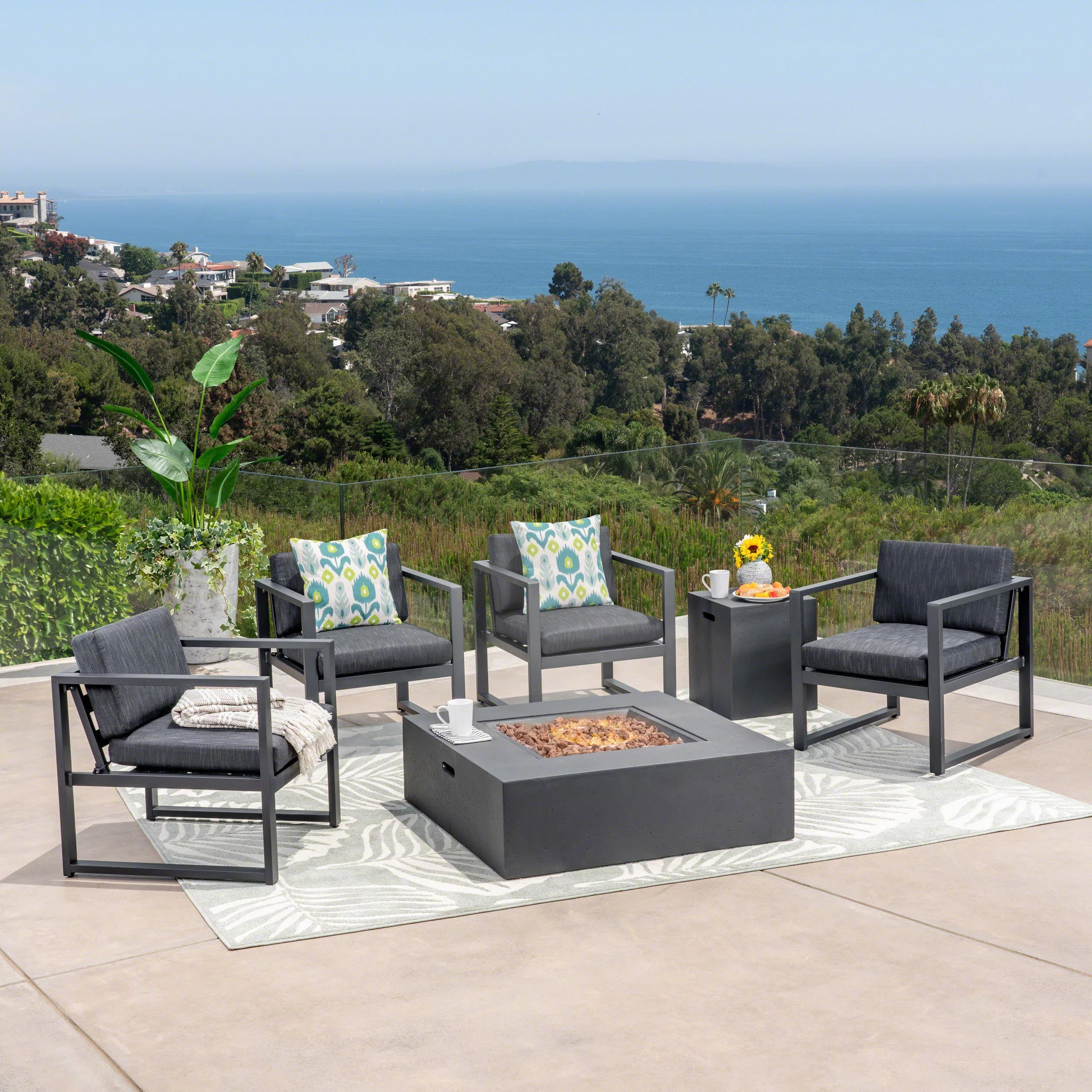 GDF Studio Noah Outdoor Aluminum 5 Piece Club Chair and Fire Pit Set with Cushions, Dark Gray and Black