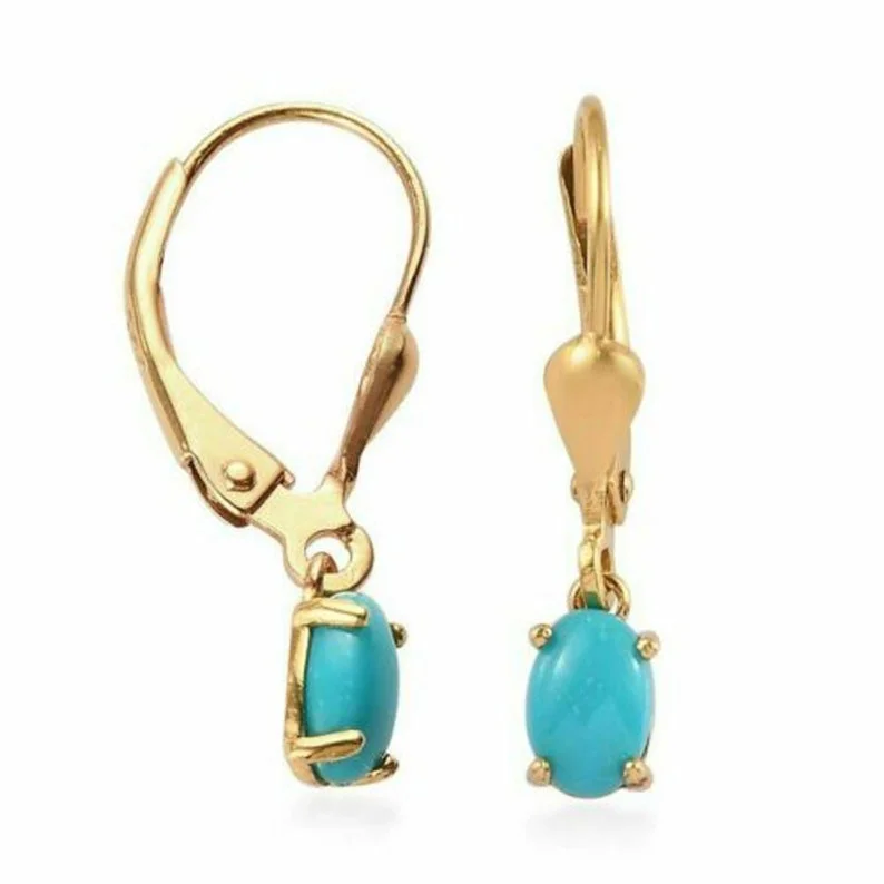 Gaspara Oval Cut Turquoise Drop Dangle Earring 925 Sterling Silver 14K Yellow Gold Finish