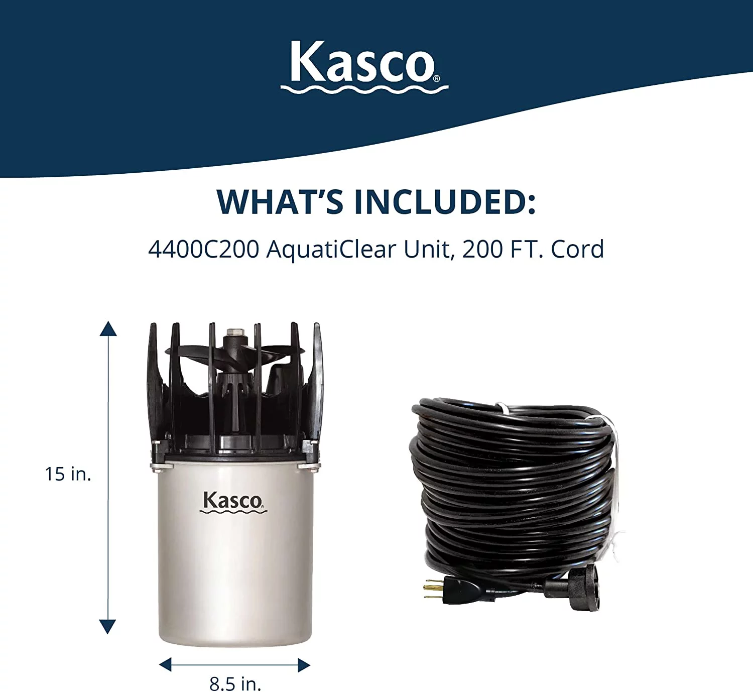 Kasco AquatiClear Water Circulator Pump, 1 HP 120V with 200 ft. Electric Power Cord, Clog-Resistant Water Circulation Pump to Keep Dock, Marina & Shoreline Free of Algae & Debris