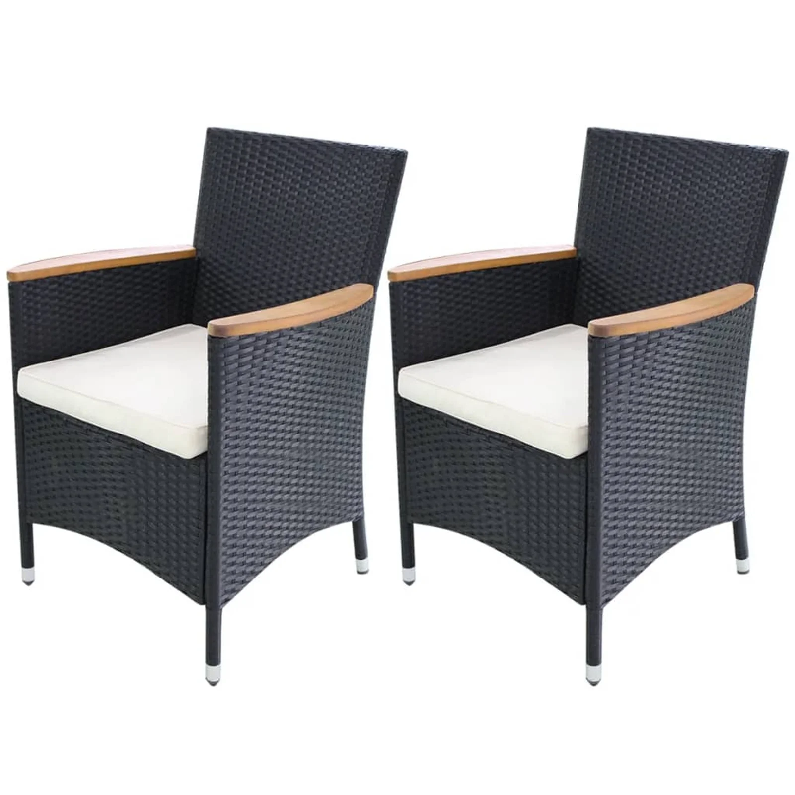 moobody 2 Piece Patio Chairs with Cream White Cushion and Acacia Wood Armrest Black Poly Rattan  Dining Chair for Garden, Backyard, Poolside,  23.2 x 23.6 x 34.6 Inches (W x D x H)