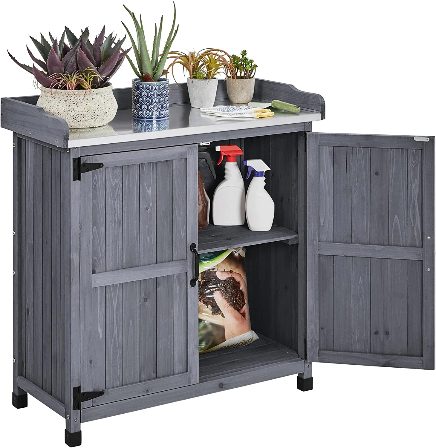 Garden Potting Bench Table, Outdoor Garden Horticultural Wooden Storage Cabinet & Solid Wood Planting Work Bench with Large Space Storage & Metal-Plated Tabletop, Gray