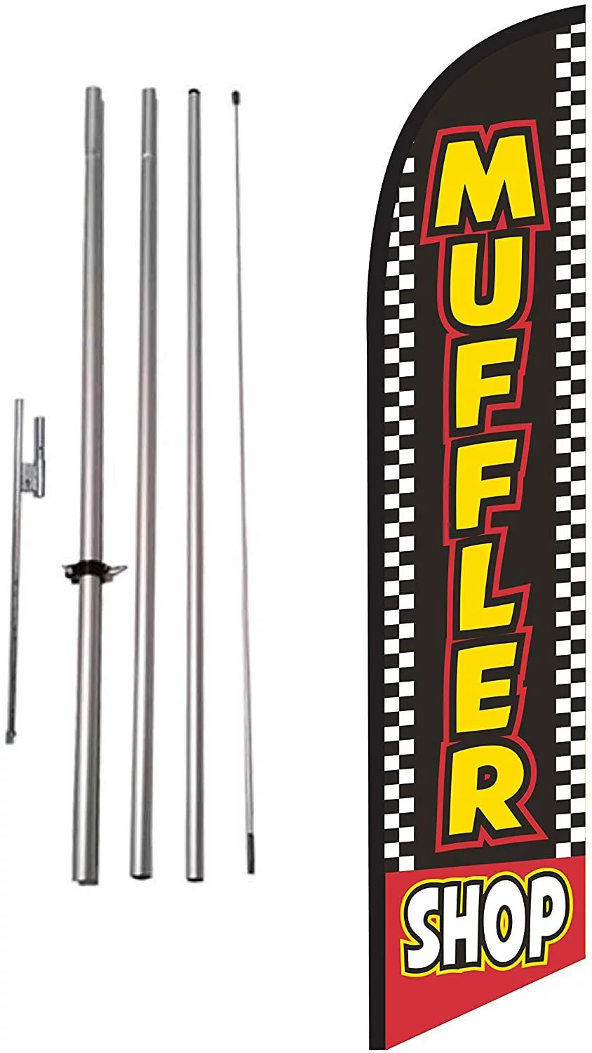 Muffler Shop 15ft Feather Banner Swooper Flag Kit - INCLUDES 15FT POLE KIT w/GROUND SPIKE