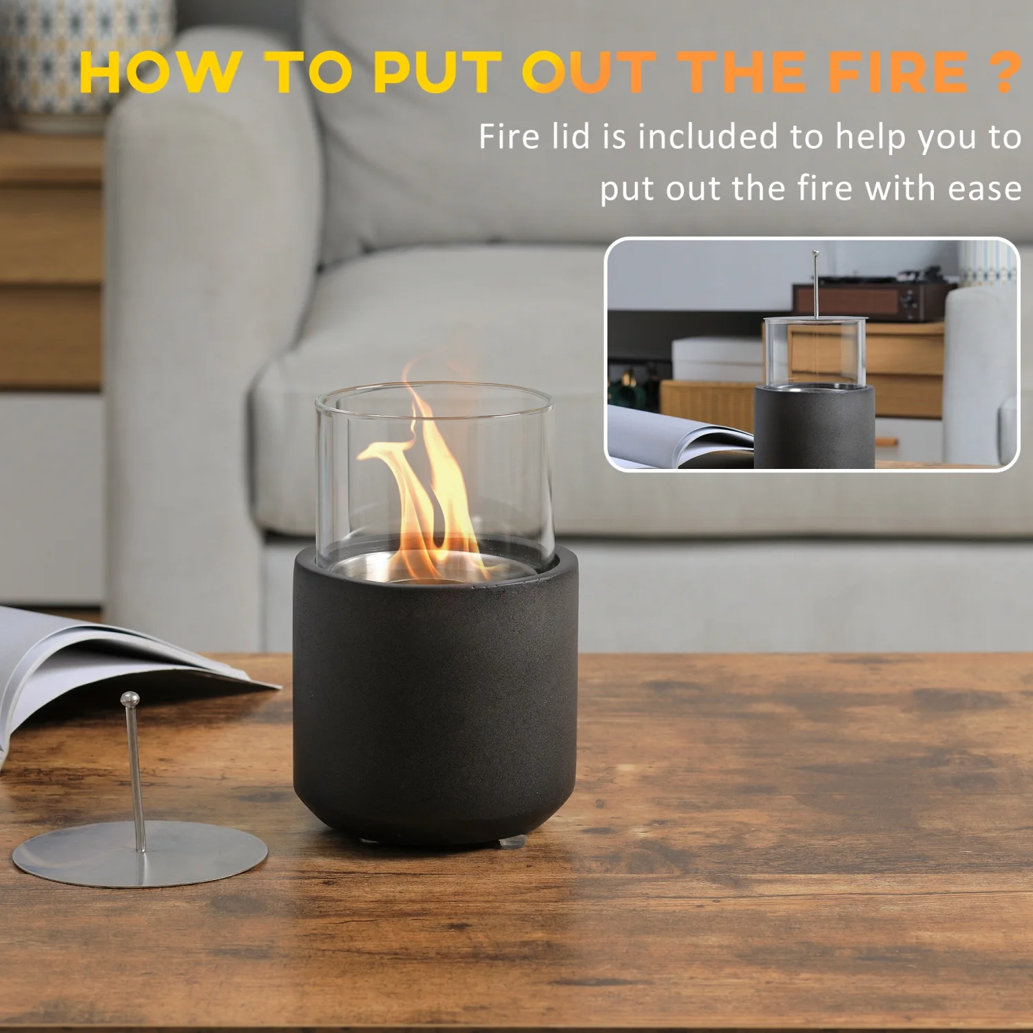 SQEWRED Tabletop Fireplace  Mini Concrete Ethanol Fire Bowl with Lid  Burns up with Liquid Alcohol and Solid Tablet Alcohol  Dark Grey