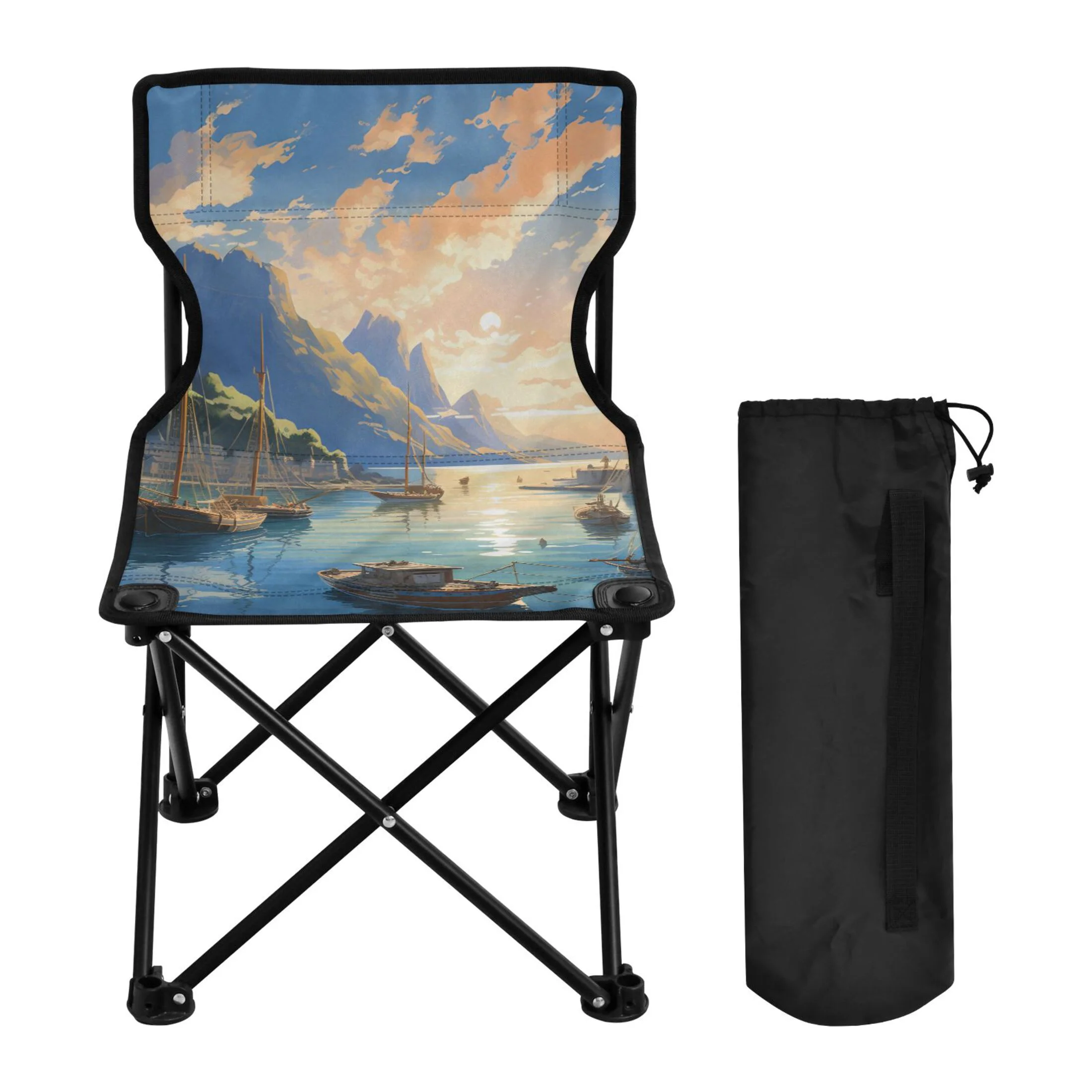 Landscape with Ships Portable Camping Chair Outdoor Folding Beach Chair Fishing Chair Lawn Chair with Carry Bag Support to 220LBS