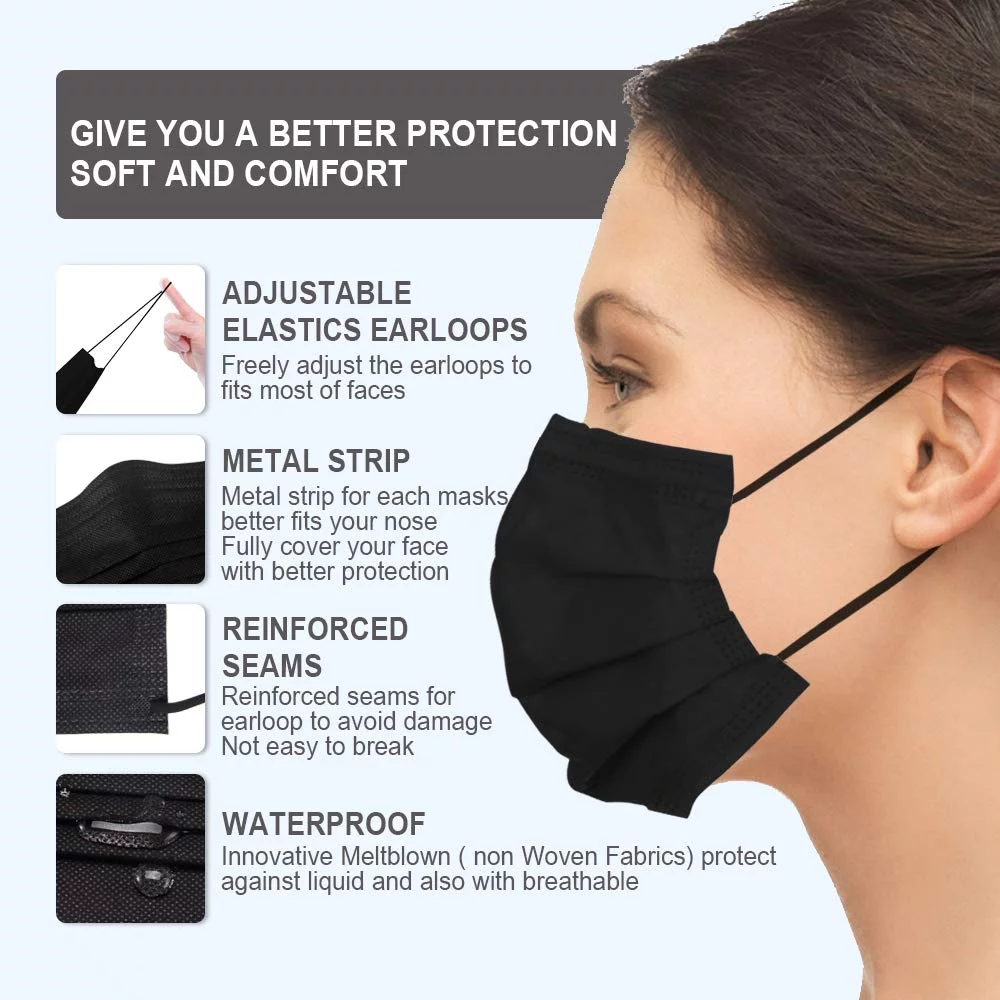 5000 Pack USA Made Disposable Face Masks Black, 3 Ply Breathable Protection Mask