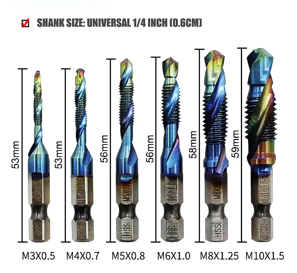 Metric Tap and Drill Bit Set Combination HSS Blue Coating Twist Drill Tap Combination Bit Set 6PCS with 1/4” Hex Shank Spiral Flute