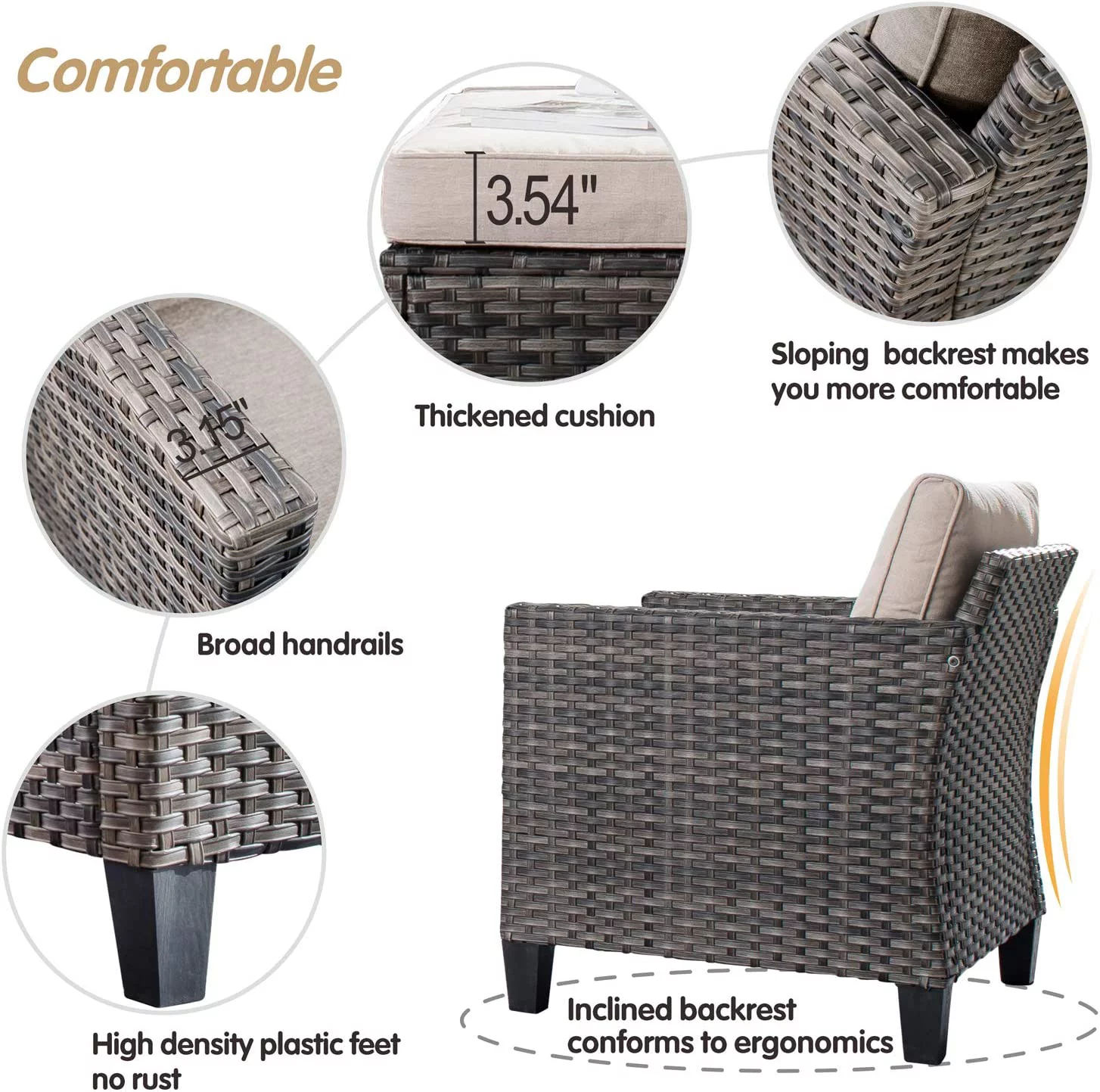 Patio  Set 6 PCS Outdoor Sectional Sofa Set with Rocking Swivel Chairs Loveseat Ottomans High Back Sofa All Weather Wicker Rattan Conversation Sets for Yard Porch (Orange Red)