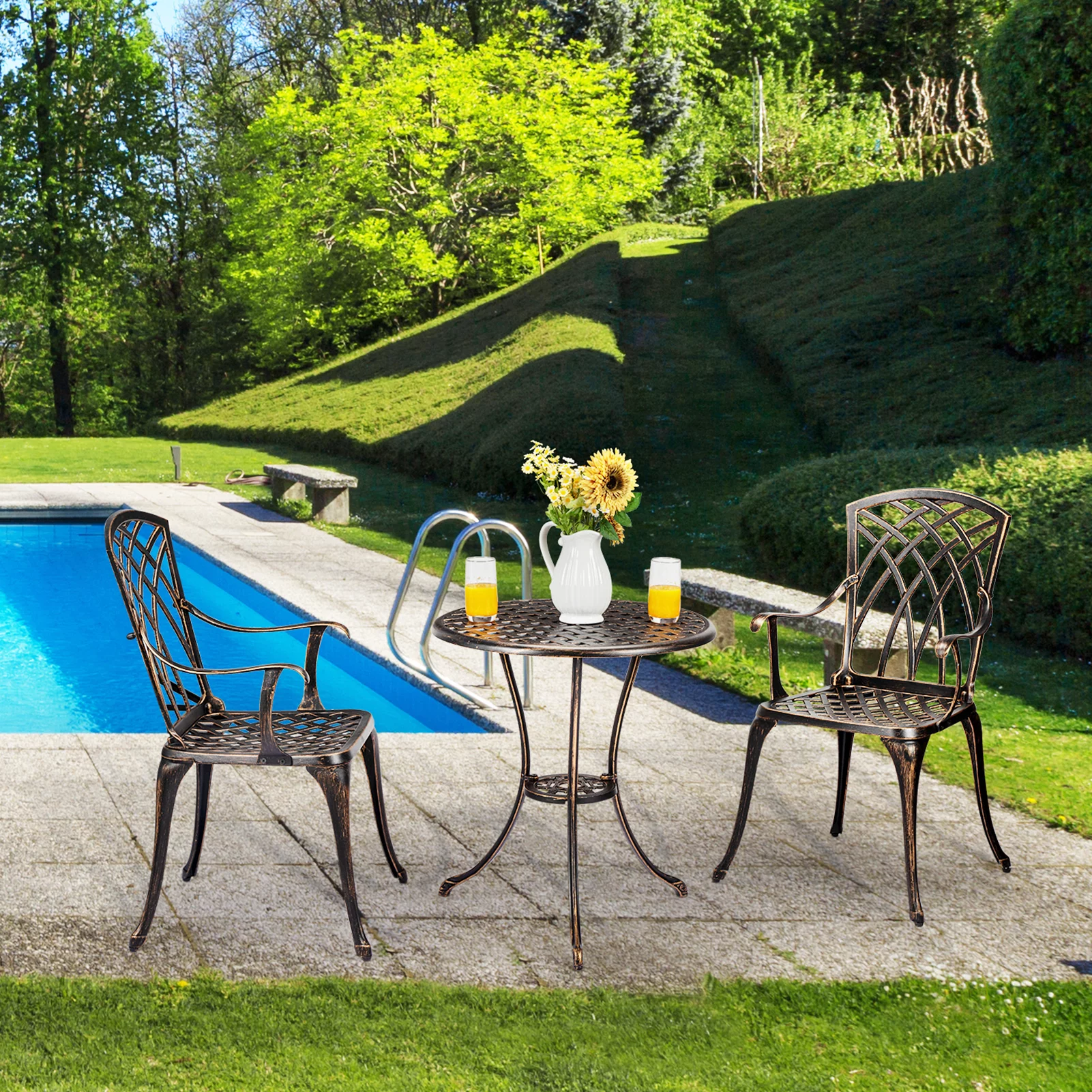 Homhougo—Outdoor Patio Round Table Set, 3 Piece Cast Aluminum Bistro Terrace Table And Chair With Umbrella Hole, Outdoor/Indoor Use, Garden, Backyard, Yellow