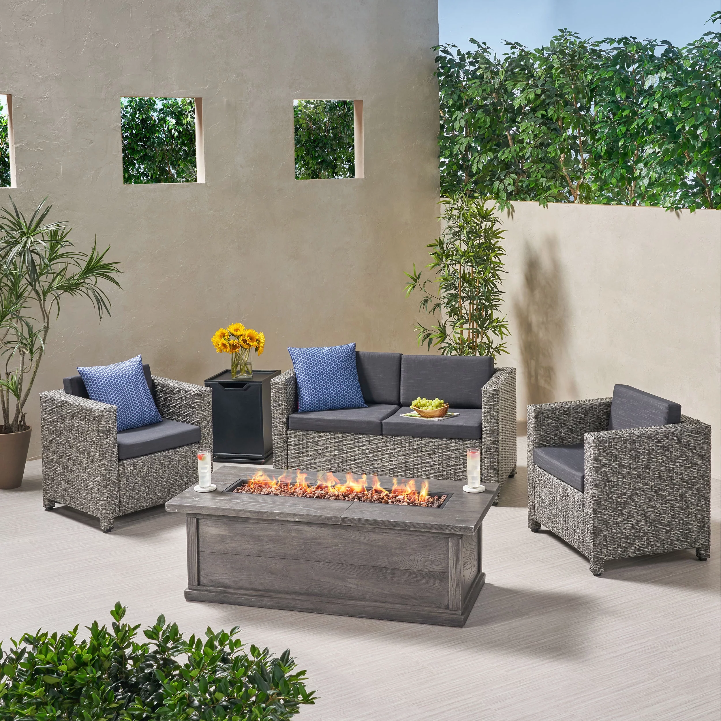 Samatar Outdoor 4 Seater Wicker Chat Set with Fire Pit, Mix Black and Dark Gray