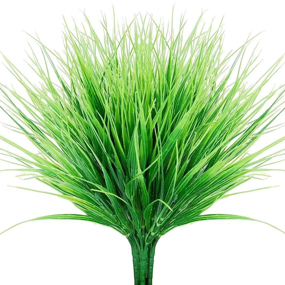 10 Bundles Artificial Grass Outdoor Green Plastic Wheat Plants Fake Grass Faux Greenery Shrubs Faux Tall Grass Plant Decor for Spring Garden Porch Window Box Home Decoration