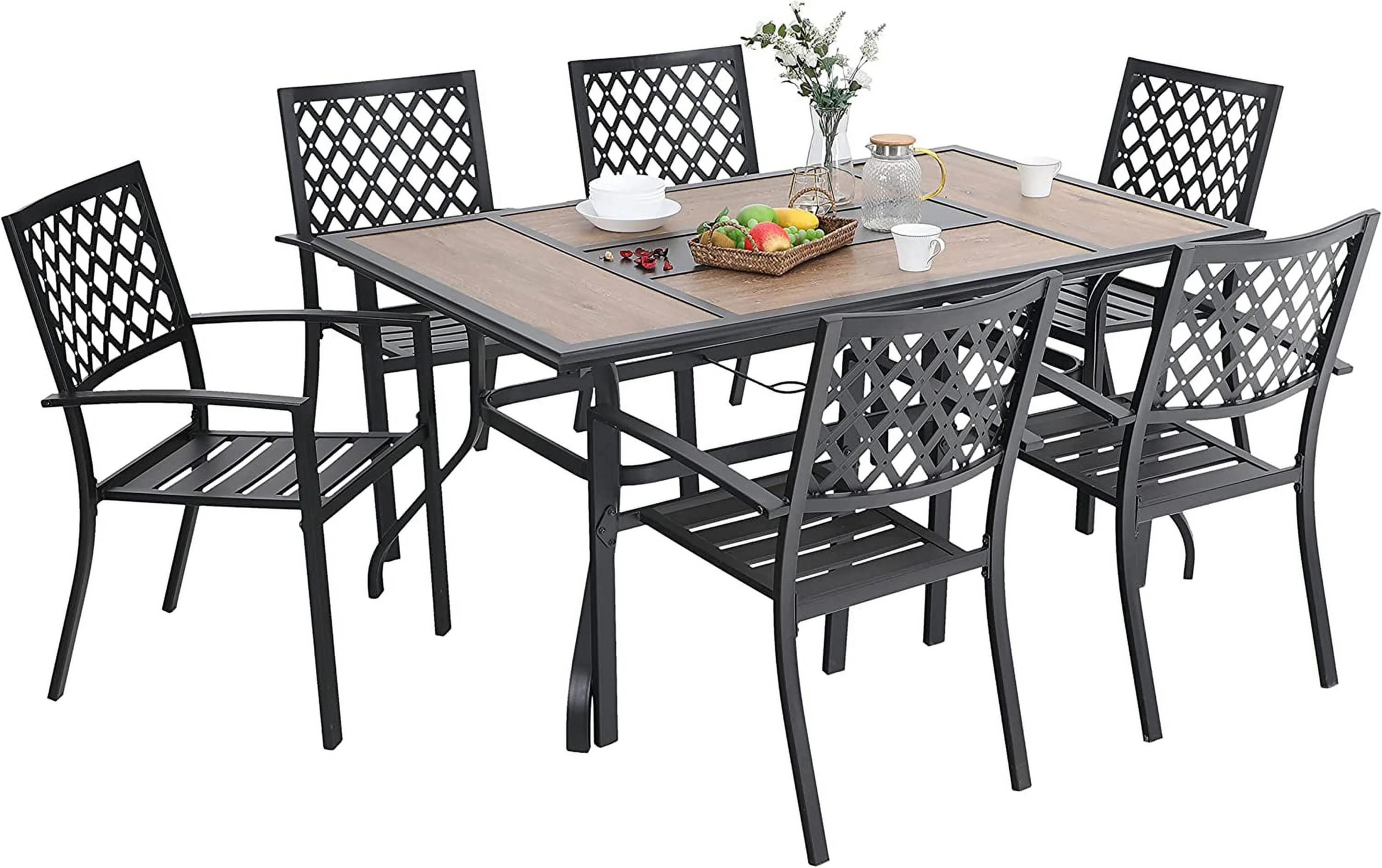 VILLA Patio Dining Set 7 Pcs 1 Metal Dining Table and 6 Patio Stackable Chairs for Outdoor Backyard Bistro Furniture Set