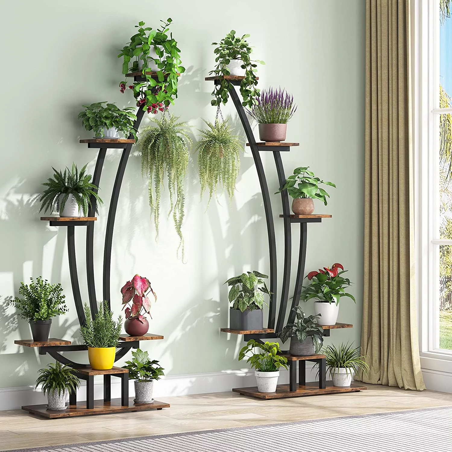 6-Tier Tall Indoor Plant Stand Pack of 2, Metal Curved Display Shelf with 2 Hanging Hooks, Multi-Purpose Bonsai Flower Pots Plant Rack for Indoor, Garden, Balcony, Living Room