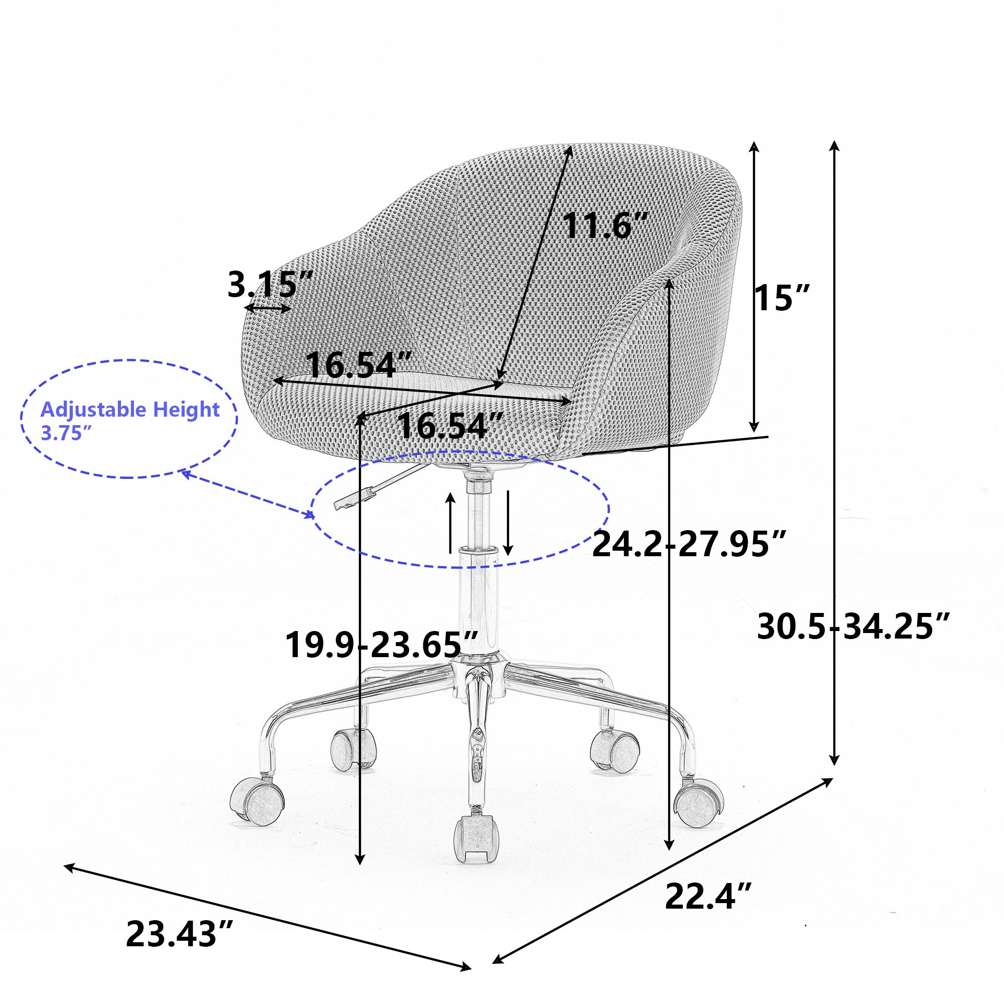 Mesh Fabric Home Office 360°Swivel Chair Adjustable Height With Gold Metal Base