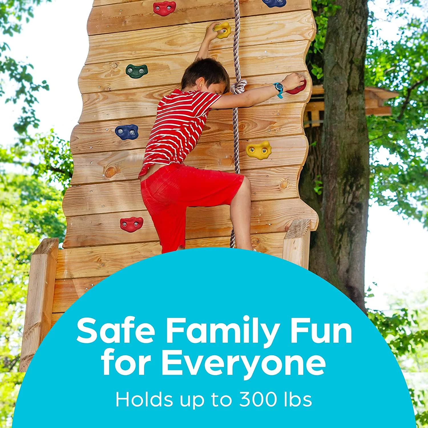 Rock Climbing Holds for Kids - Indoor & Outdoor Rock Wall Climbing Kit with Mounting Hardware, Knotted Rope and 25 Handles - Playground Accessories