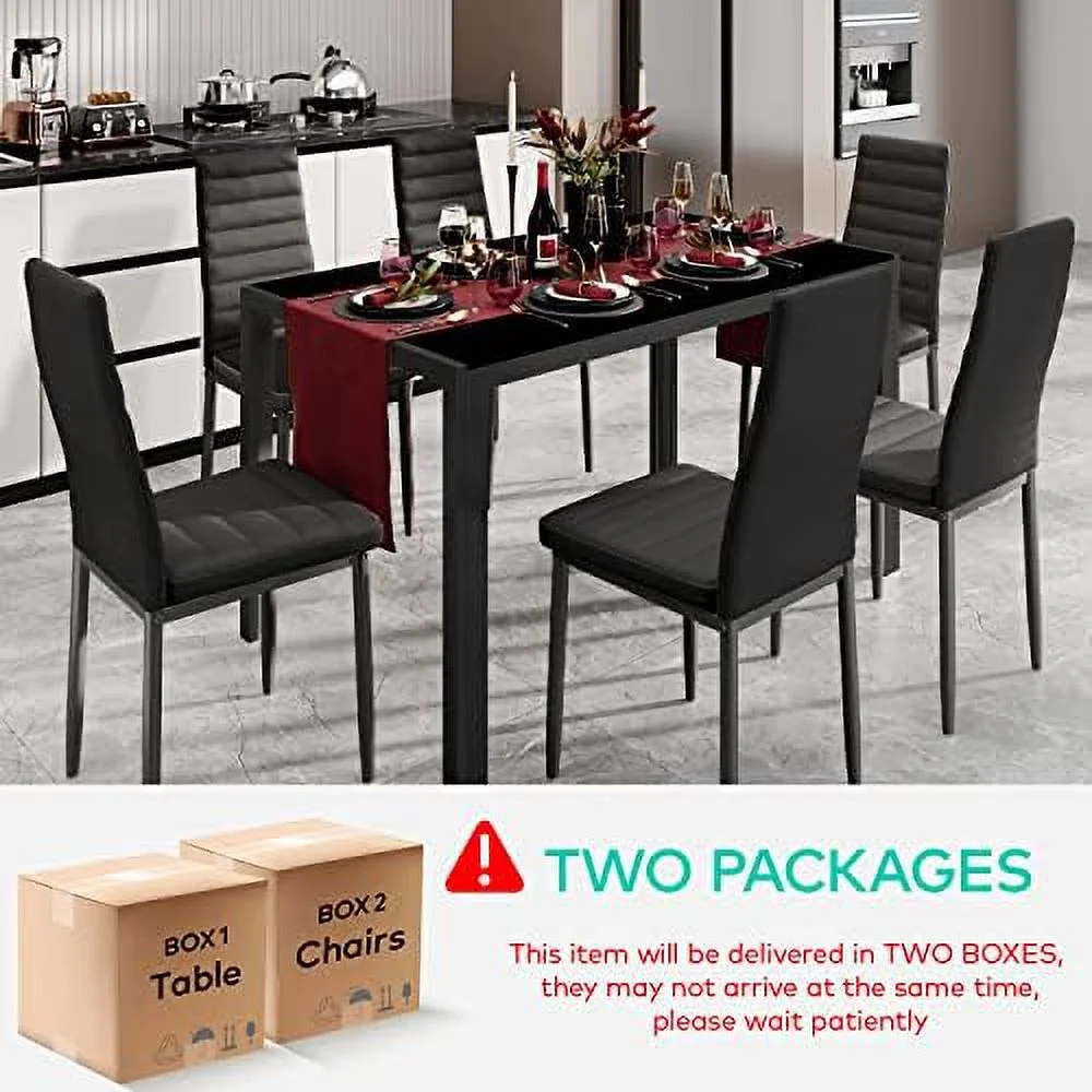 HBLUKDL Glass Dining Table Sets for 6  7 Piece Kitchen Table and Chairs Set for 6 Person  PU Leather Modern Dining Room Sets for Home  Kitchen  Living Room Black