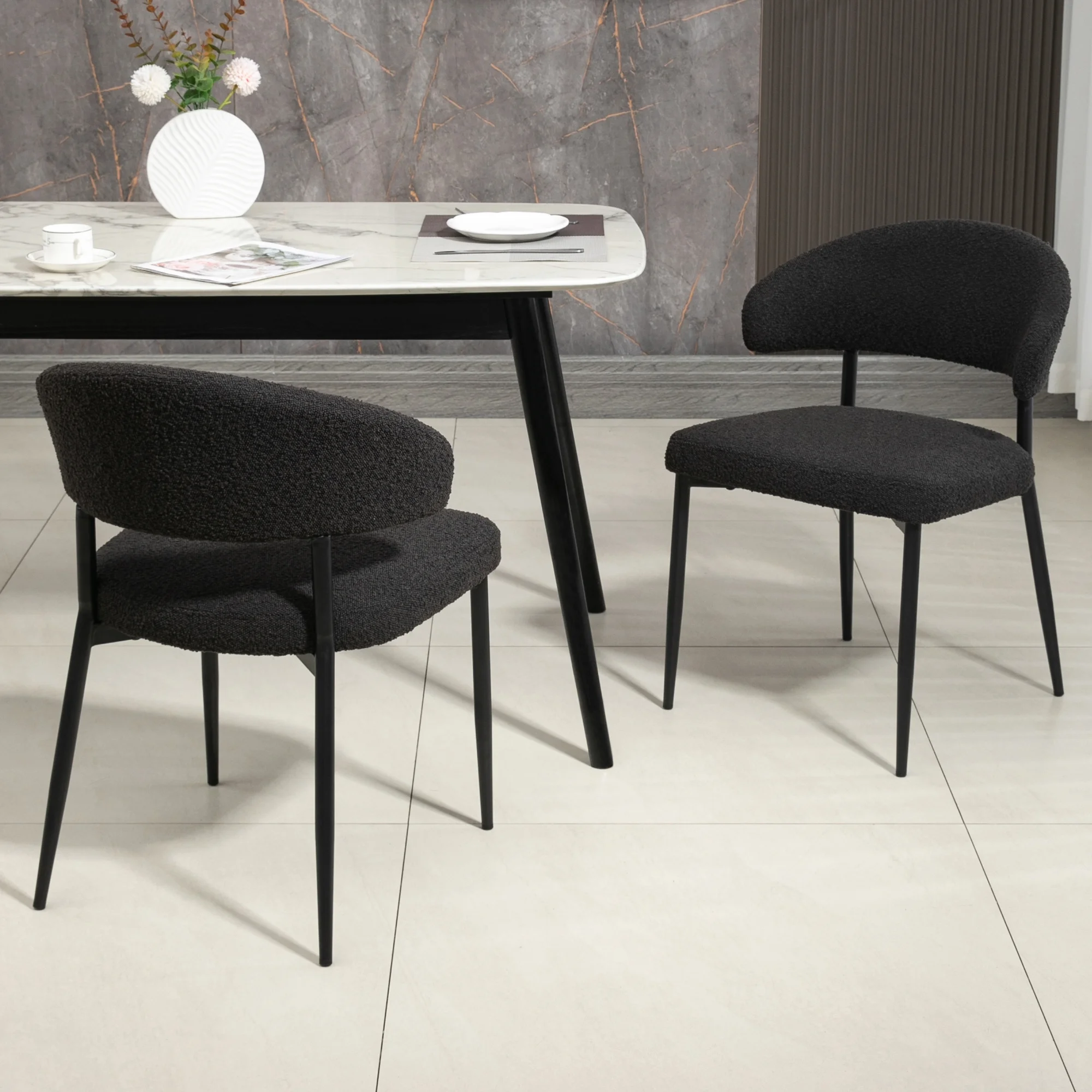 Set of 2 Ayoka Black Boucle Fabric Dining Chairs with Black Iron Legs