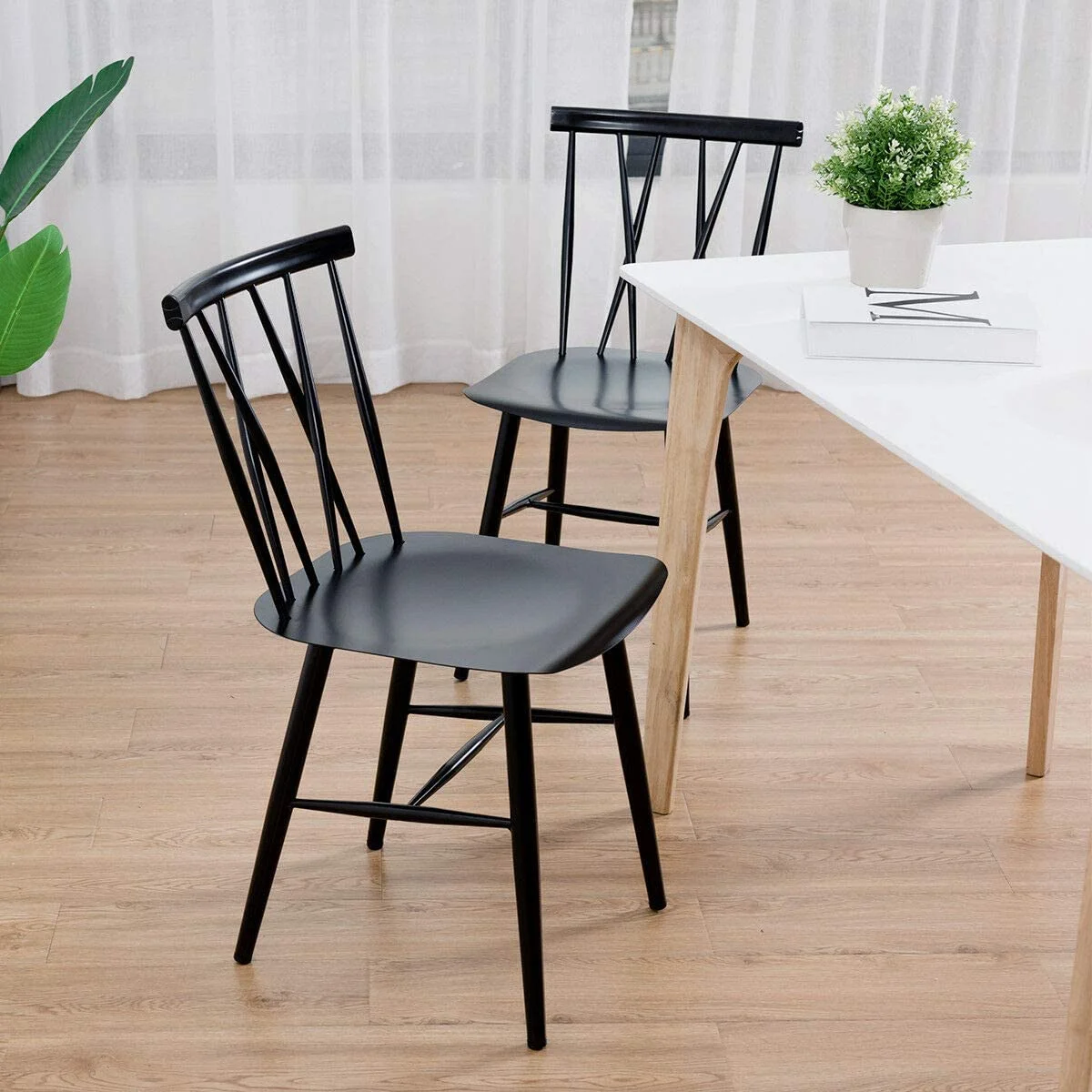 Dining Chair Set of 2, Farmhouse Windsor Chairs Dining Room Chairs with Spindle Back and Sturdy Metal Construction, Kitchen Side Chairs for Living Room Restaurant, Black (Height 17'')